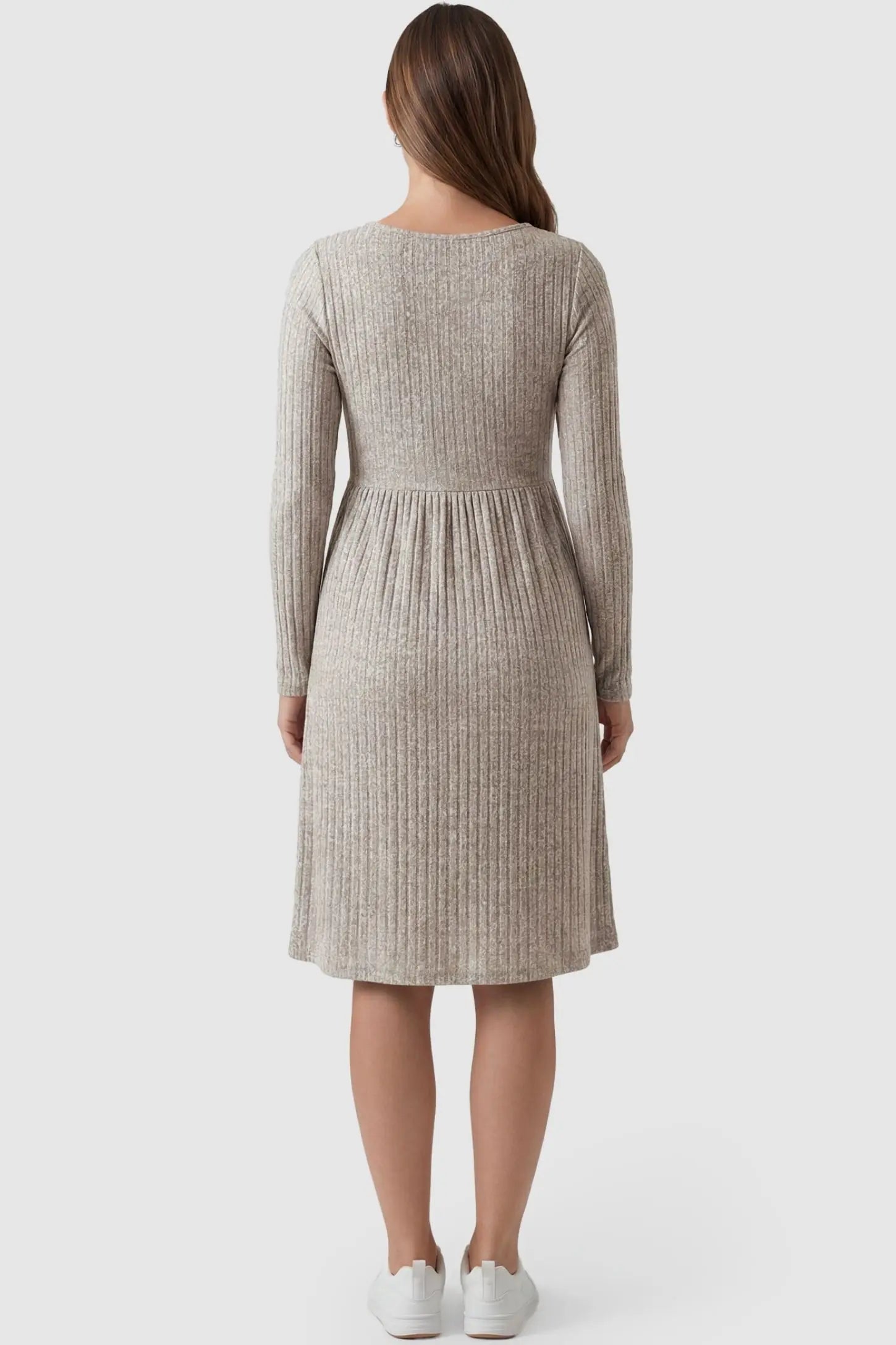 Ribbed Twist Front Nursing Skater Dress Ribbed Twist Front Nursing Skater Dress in Oatmeal featuring a pleated waist back view on a non-pregnant model.