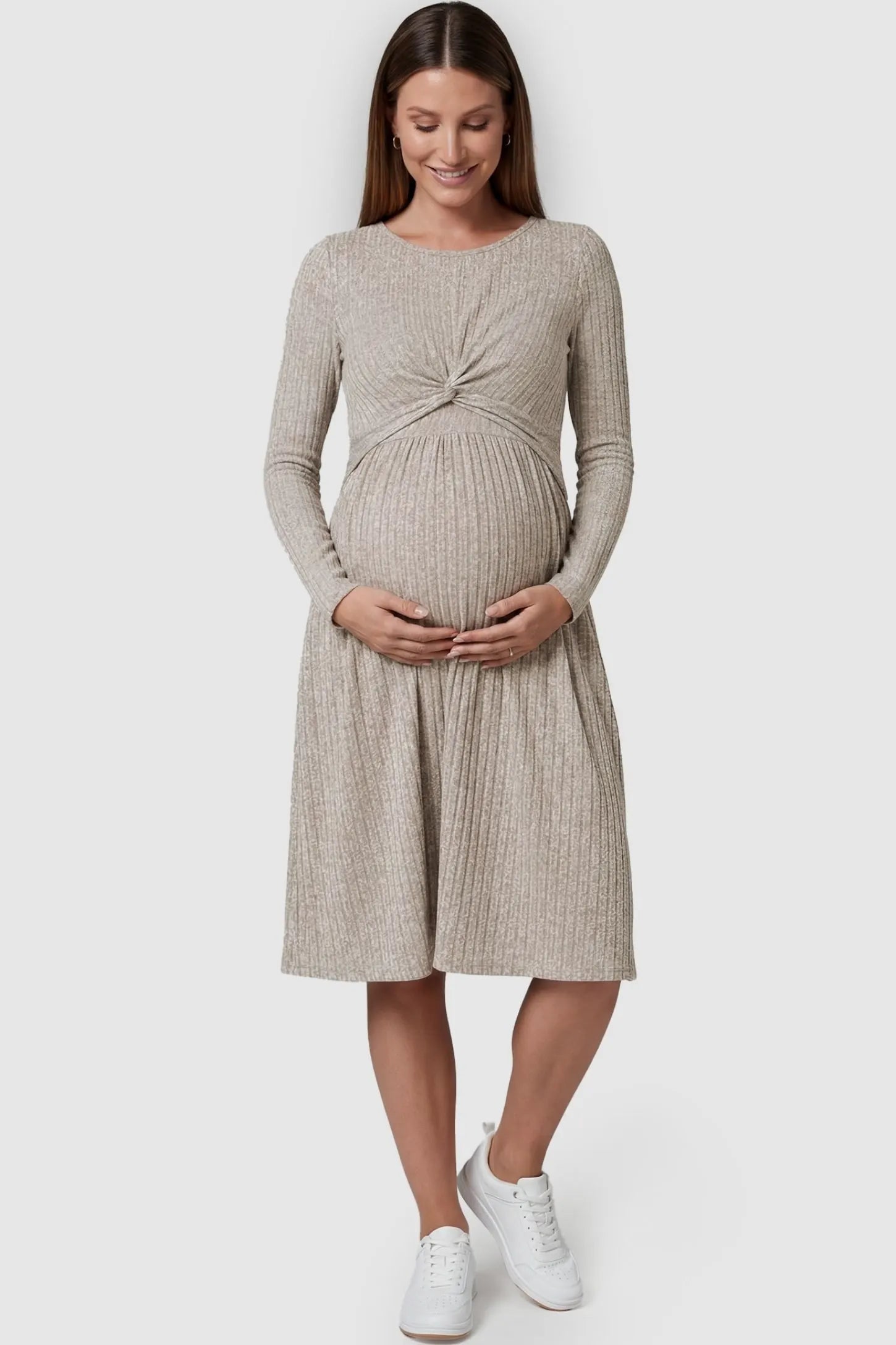 Ribbed Twist Front Nursing Skater Dress Ribbed Twist Front Nursing Skater Dress in Oatmeal featuring a lift-up layer front view on a pregnant model.