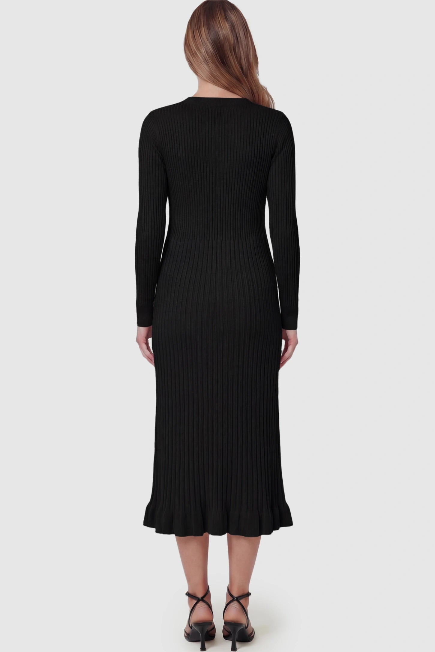 Ribbed V-Neck Maternity Midi Sweater Dress Ribbed V-Neck Maternity Midi Sweater Dress in black featuring long sleeves on a pregnant model showing back.