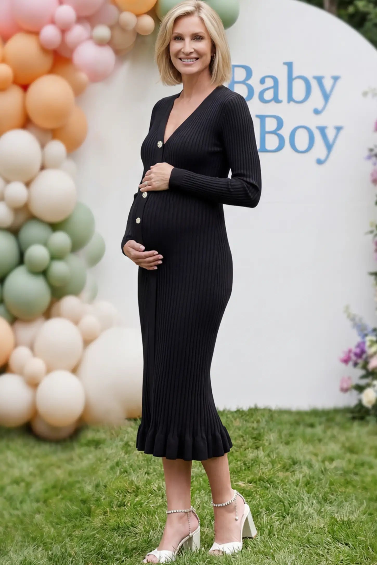 Ribbed V-Neck Maternity Midi Sweater Dress Ribbed V-Neck Maternity Midi Sweater Dress in Black featuring rhinestone buttons on a pregnant woman showing side.