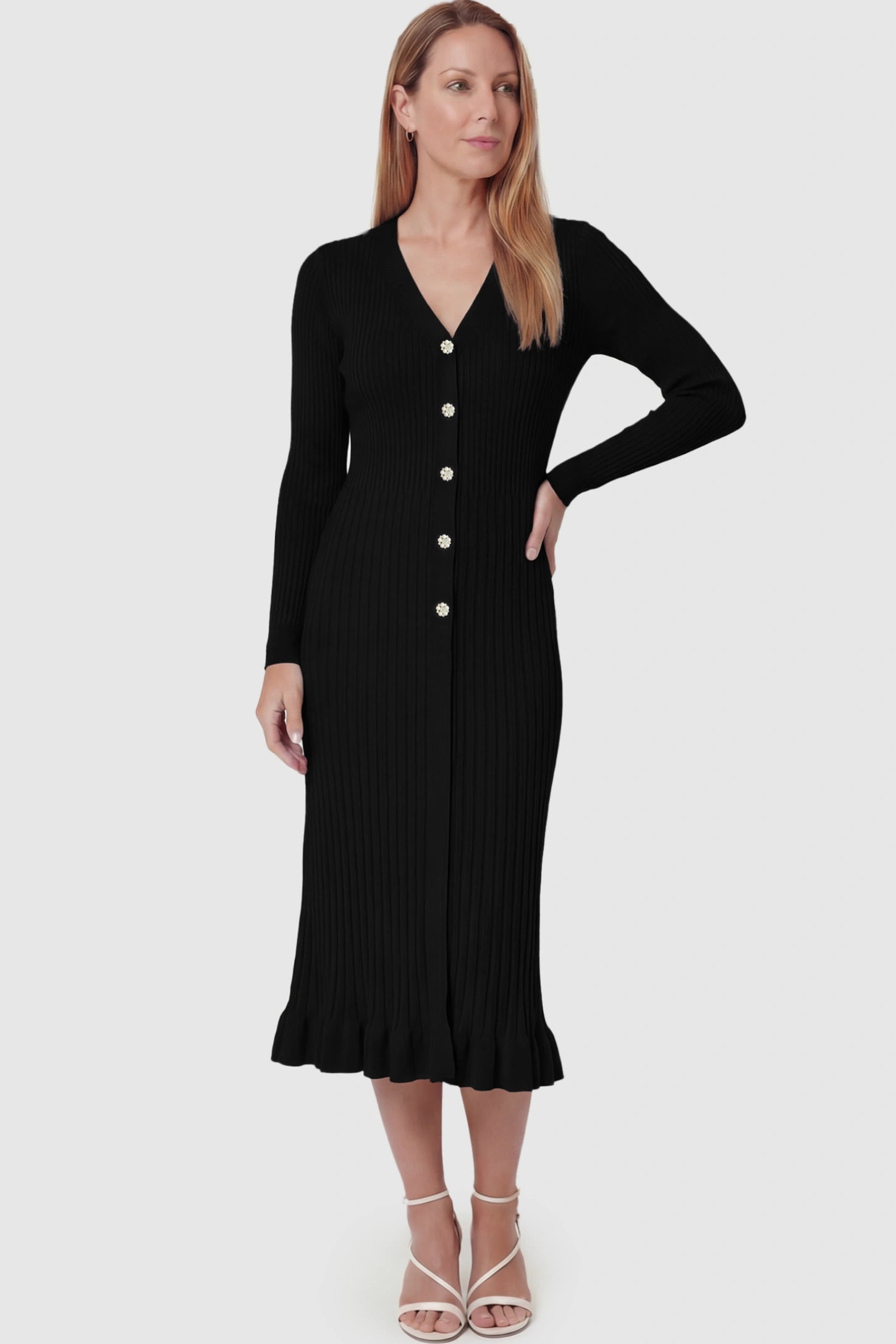 Ribbed V-Neck Maternity Midi Sweater Dress Ribbed V-Neck Maternity Midi Sweater Dress in Black featuring rhinestone buttons on a postpartum model showing front.