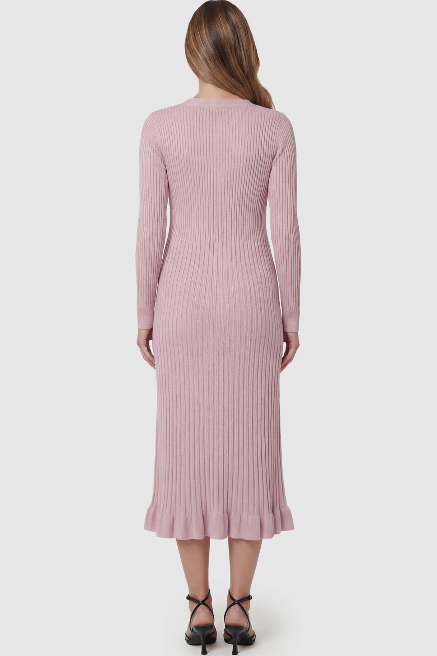 Ribbed V-Neck Maternity Midi Sweater Dress Ribbed V-Neck Maternity Midi Sweater Dress in Pink featuring long sleeves on a pregnant model showing back.