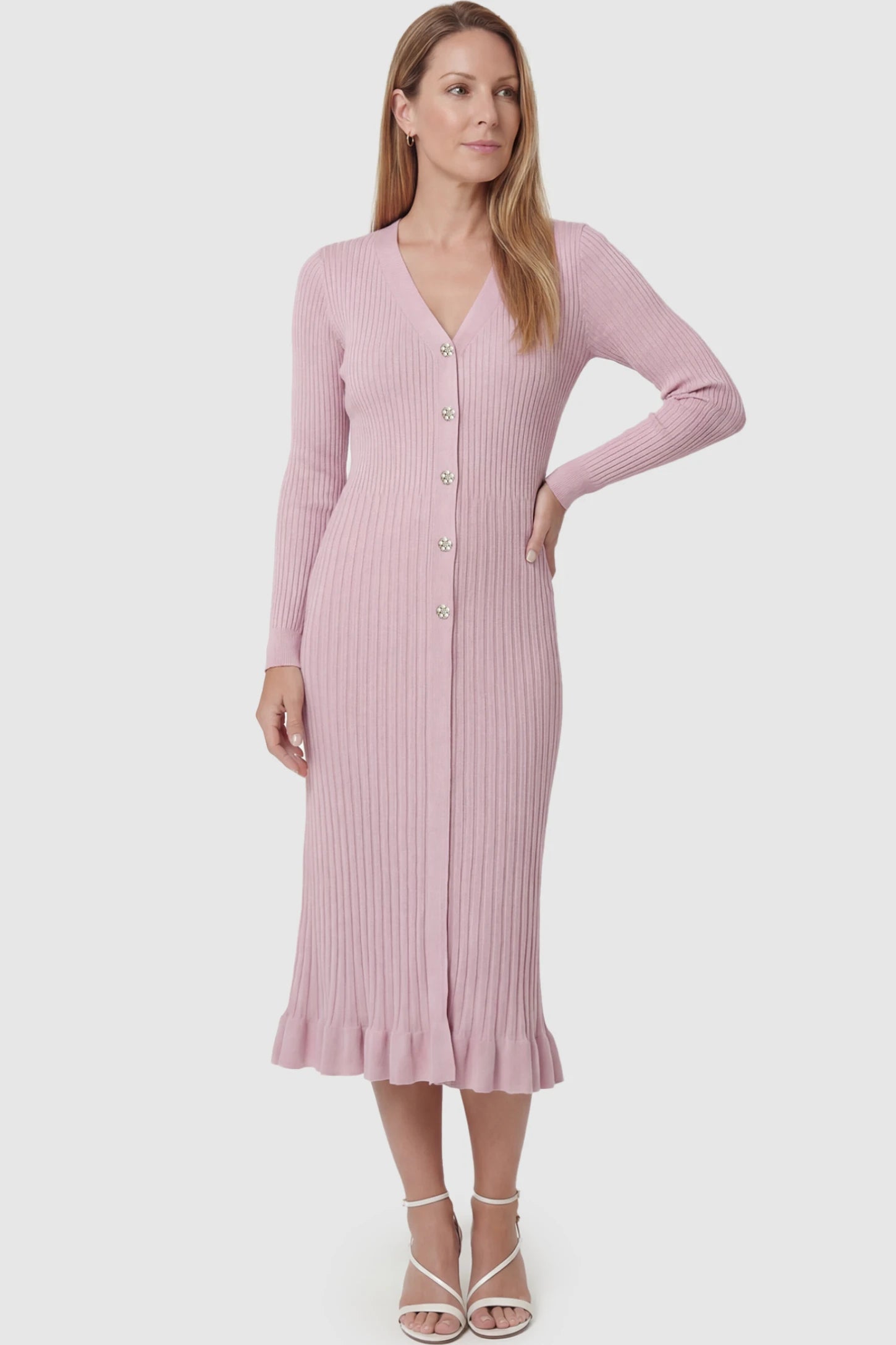 Ribbed V-Neck Maternity Midi Sweater Dress Ribbed V-Neck Maternity Midi Sweater Dress in Pink featuring rhinestone buttons on a postpartum model showing front.