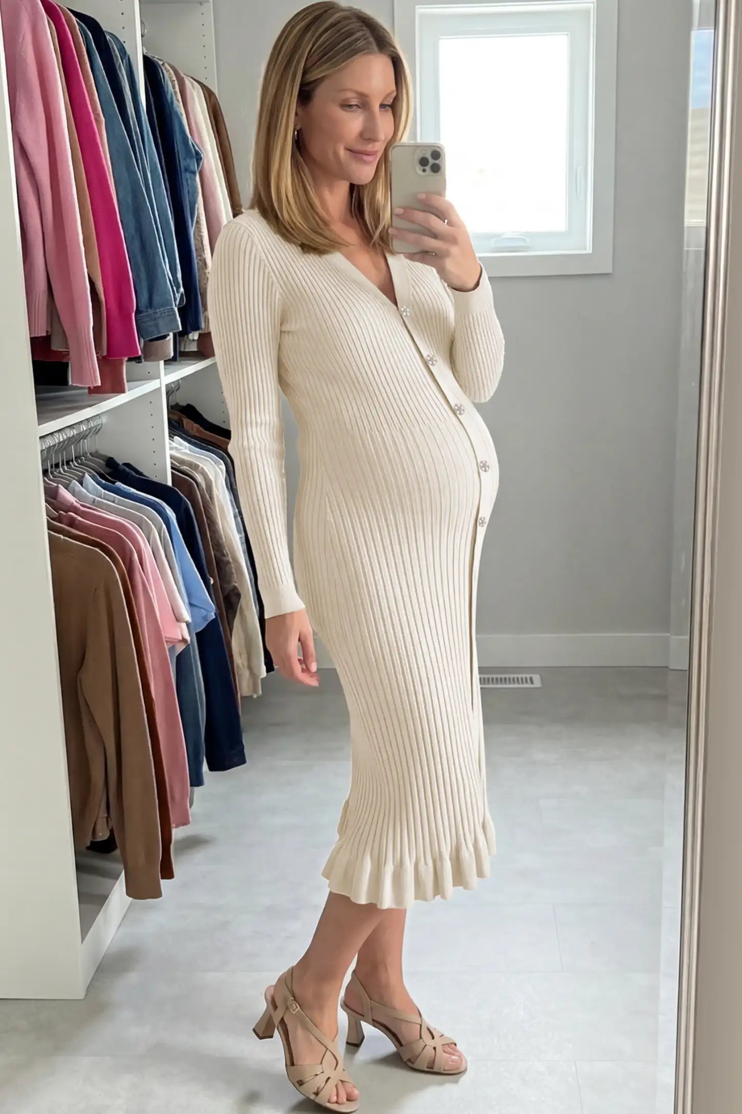 Ribbed V-Neck Maternity Midi Sweater Dress Ribbed V-Neck Maternity Midi Sweater Dress in White featuring rhinestone buttons on a pregnant woman showing side.