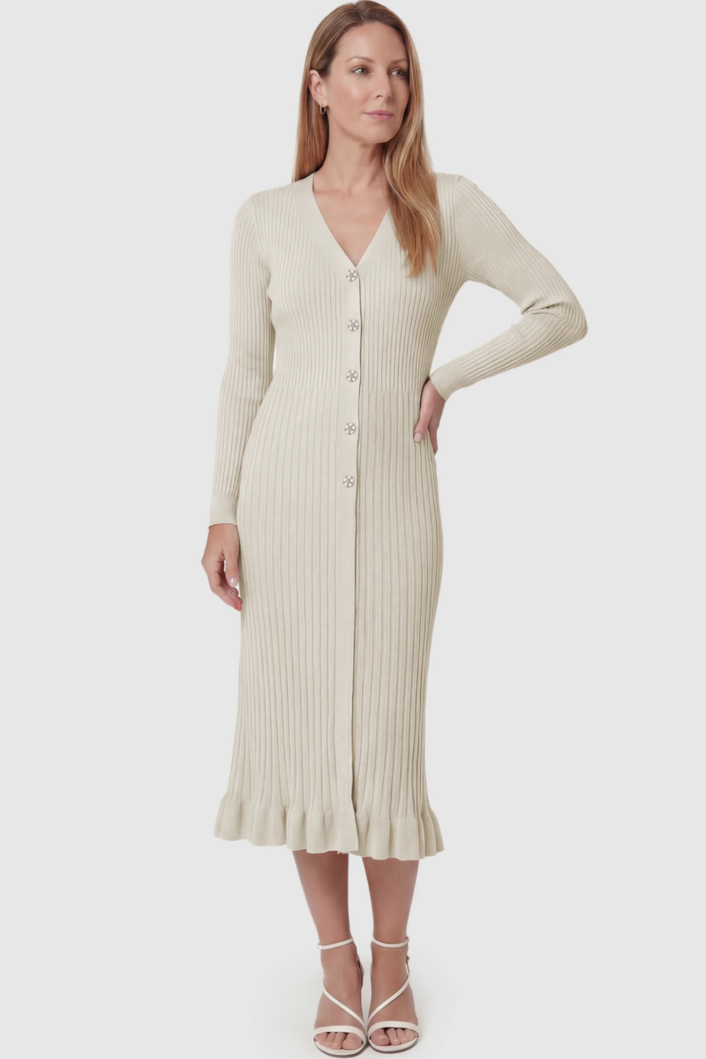 Ribbed V-Neck Maternity Midi Sweater Dress Ribbed V-Neck Maternity Midi Sweater Dress in White featuring rhinestone buttons on a postpartum model showing front.