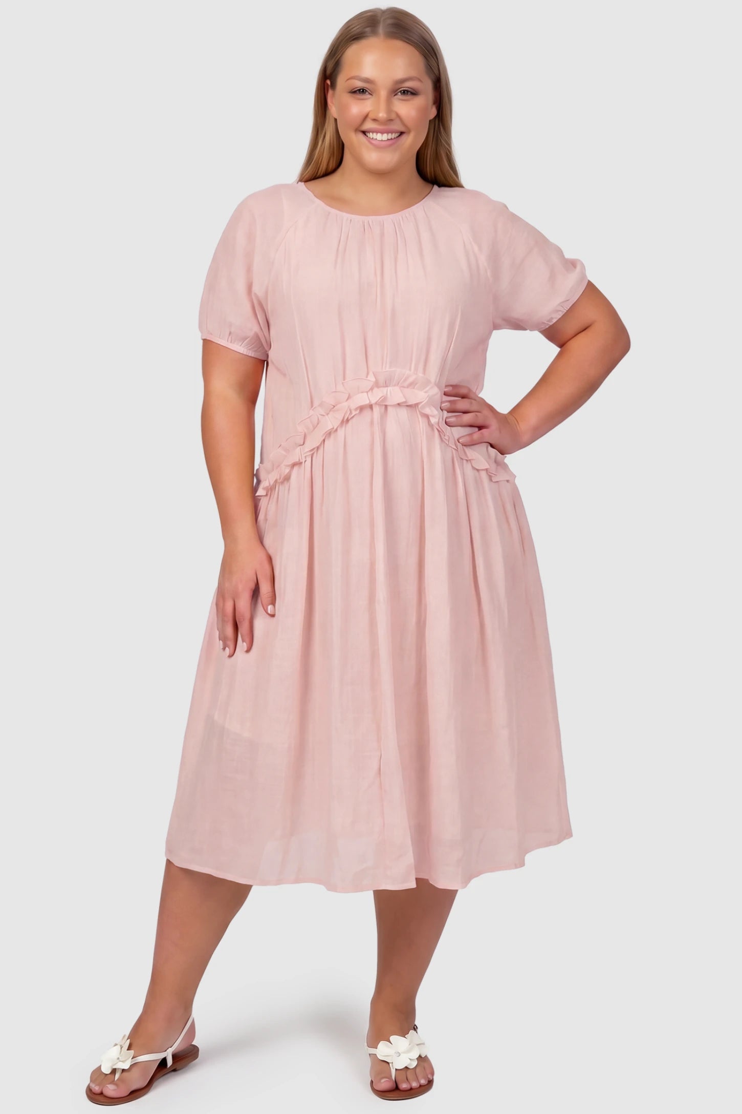 Round Neck Short Sleeve Flowy Maternity Midi Dress Round Neck Short Sleeve Flowy Maternity Midi Dress in Pink featuring ruffled waist on a plus size pregnant model, front view.
