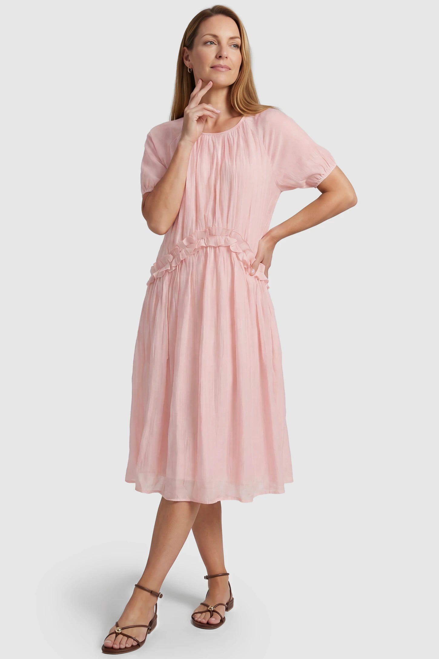 Round Neck Short Sleeve Flowy Maternity Midi Dress Round Neck Short Sleeve Flowy Maternity Midi Dress in Pink featuring ruffled waist on a postpartum model, front view.