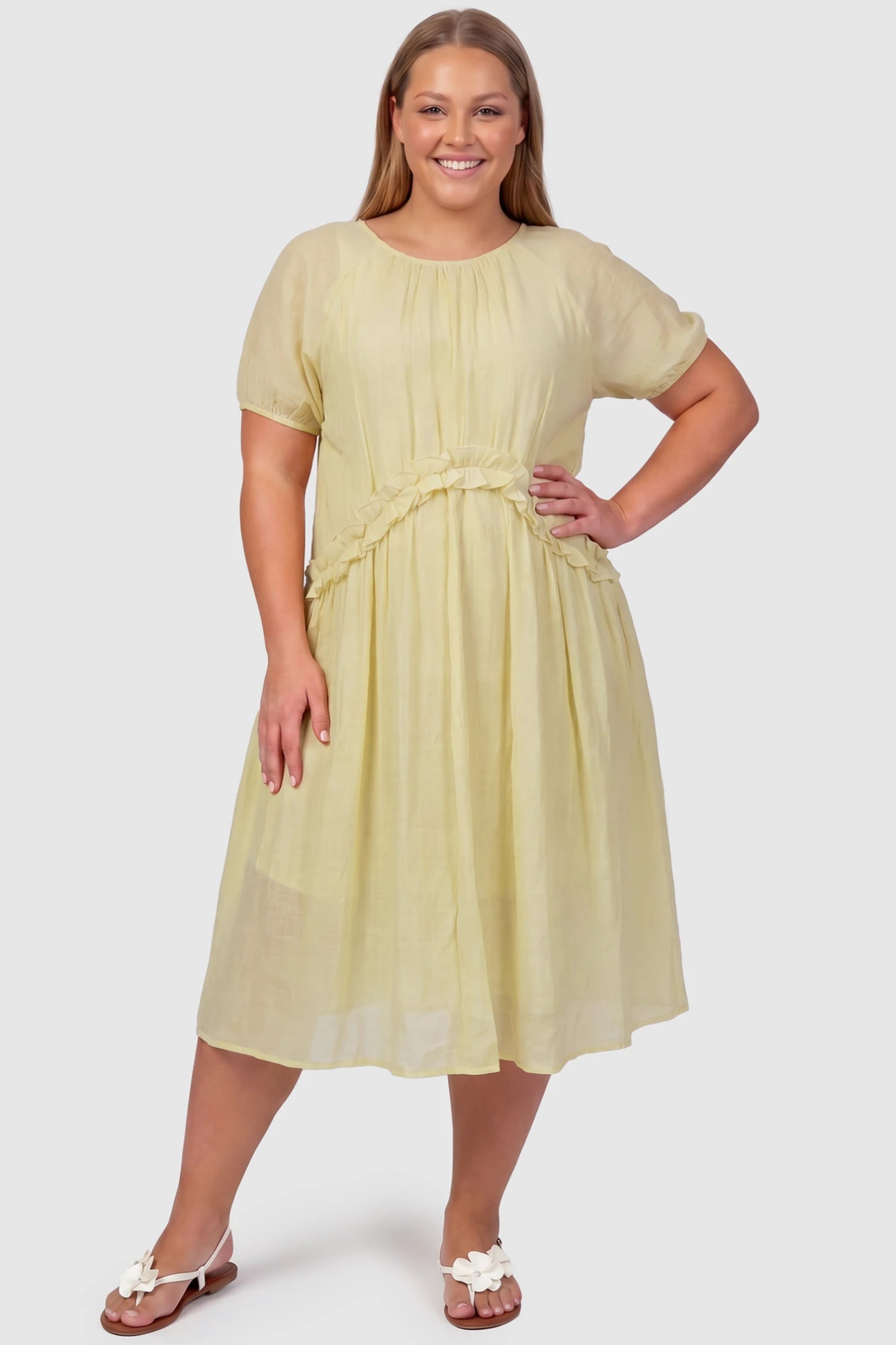 Round Neck Short Sleeve Flowy Maternity Midi Dress Round Neck Short Sleeve Flowy Maternity Midi Dress in Yellow featuring ruffled waist on a plus size pregnant model, front view.