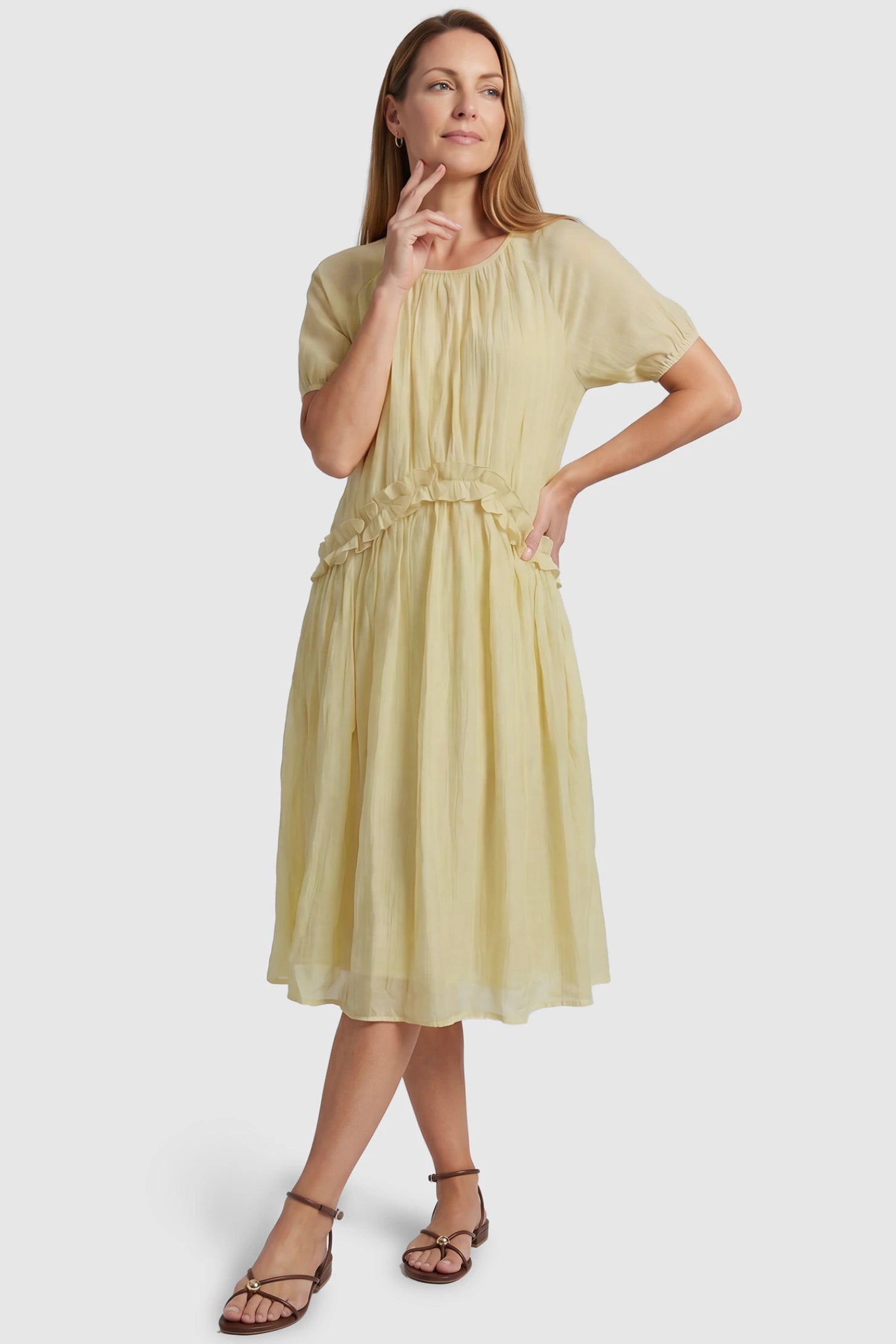 Round Neck Short Sleeve Flowy Maternity Midi Dress Round Neck Short Sleeve Flowy Maternity Midi Dress in Yellow featuring ruffled waist on a postpartum model, front view.