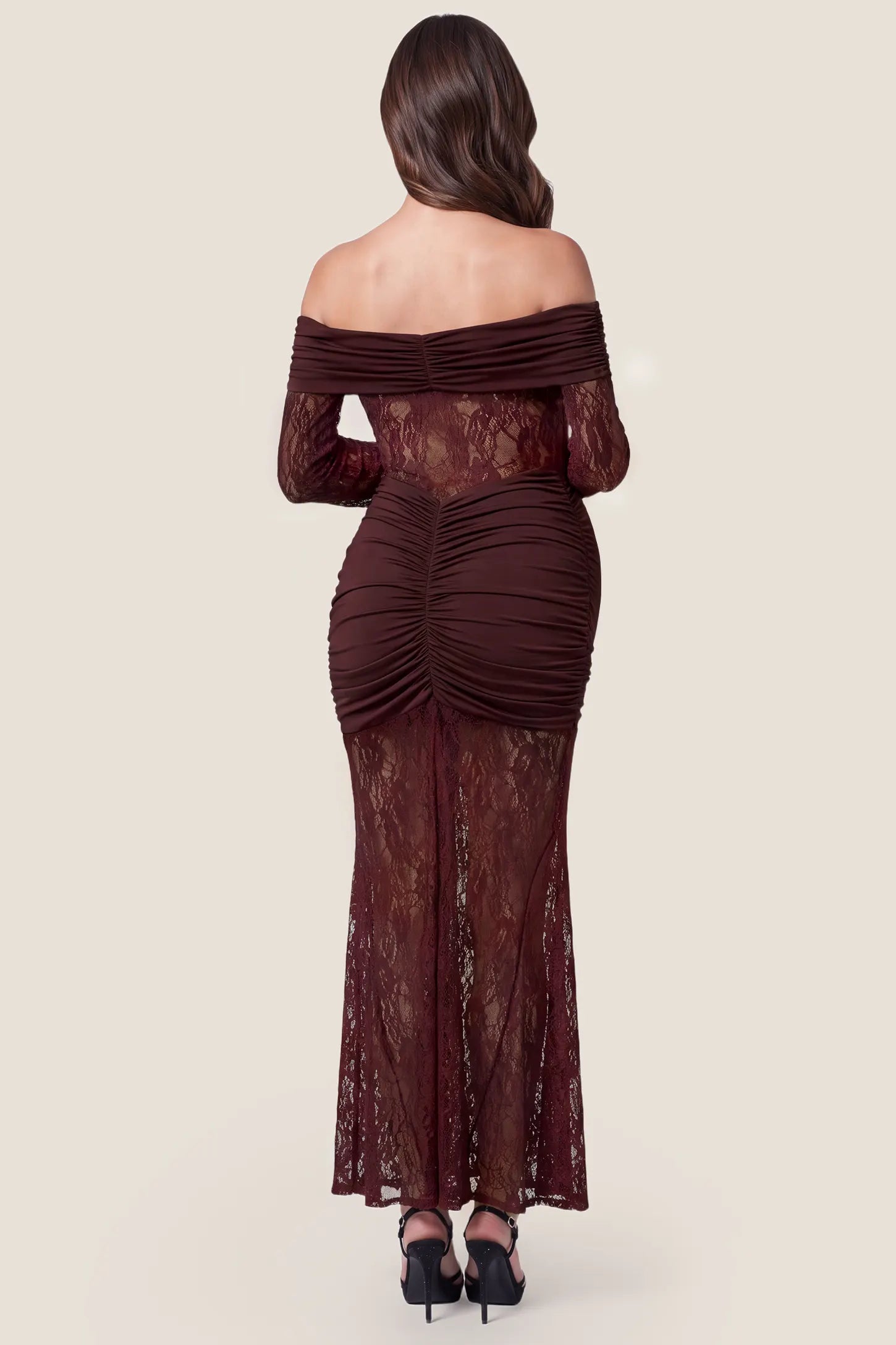 Ruched Lace Off-Shoulder Maternity Gown Ruched Lace Off-Shoulder Maternity Gown in Burgundy highlighting the beautiful lace patterns and back silhouette, back view on a pregnant model.