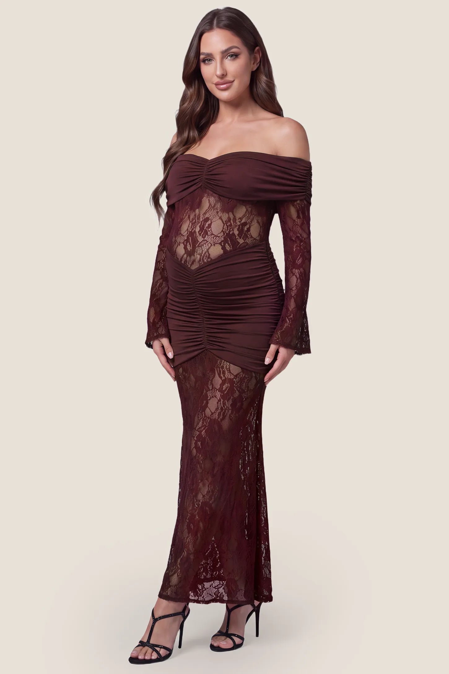 Ruched Lace Off-Shoulder Maternity Gown Ruched Lace Off-Shoulder Maternity Gown in Burgundy featuring an elegant off-shoulder neckline and delicate lace detailing, front view on a pregnant model.