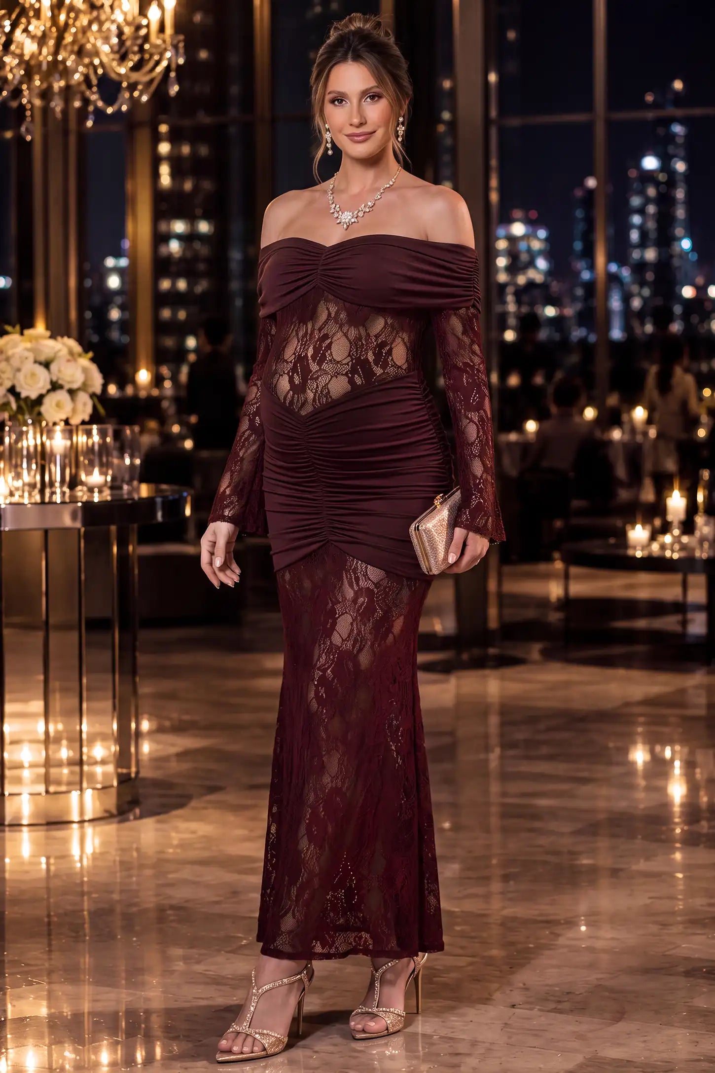 Ruched Lace Off-Shoulder Maternity Gown Ruched Lace Off-Shoulder Maternity Gown in Burgundy with a sophisticated ruched lace design, lifestyle front view on a pregnant model.