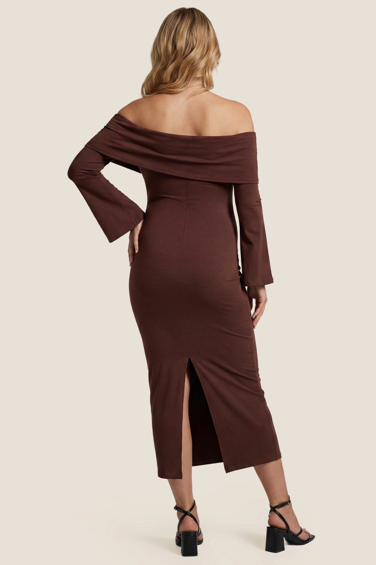Ruched Off-shoulder Bodycon Maternity Midi Dress Ruched Off-shoulder Bodycon Maternity Midi Dress in Coffee highlighting the sleek back silhouette, back view on a pregnant model.