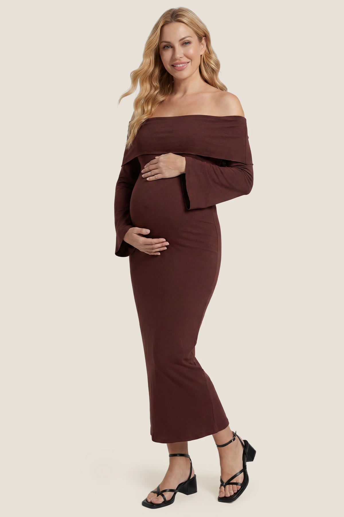 Ruched Off-shoulder Bodycon Maternity Midi Dress Ruched Off-shoulder Bodycon Maternity Midi Dress in Coffee featuring an elegant off-shoulder neckline and flattering side ruching, front view on a pregnant model.
