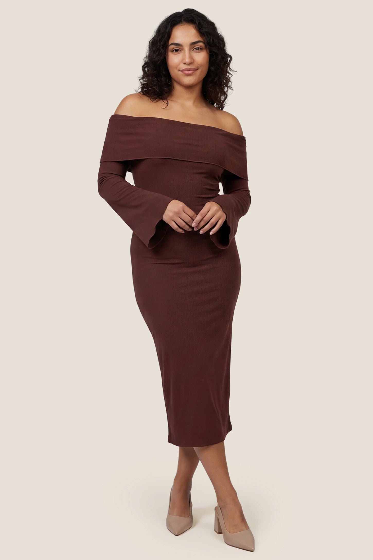 Ruched Off-shoulder Bodycon Maternity Midi Dress Ruched Off-shoulder Bodycon Maternity Midi Dress in Coffee with a form-fitting ruched silhouette, front view on a non pregnant model.