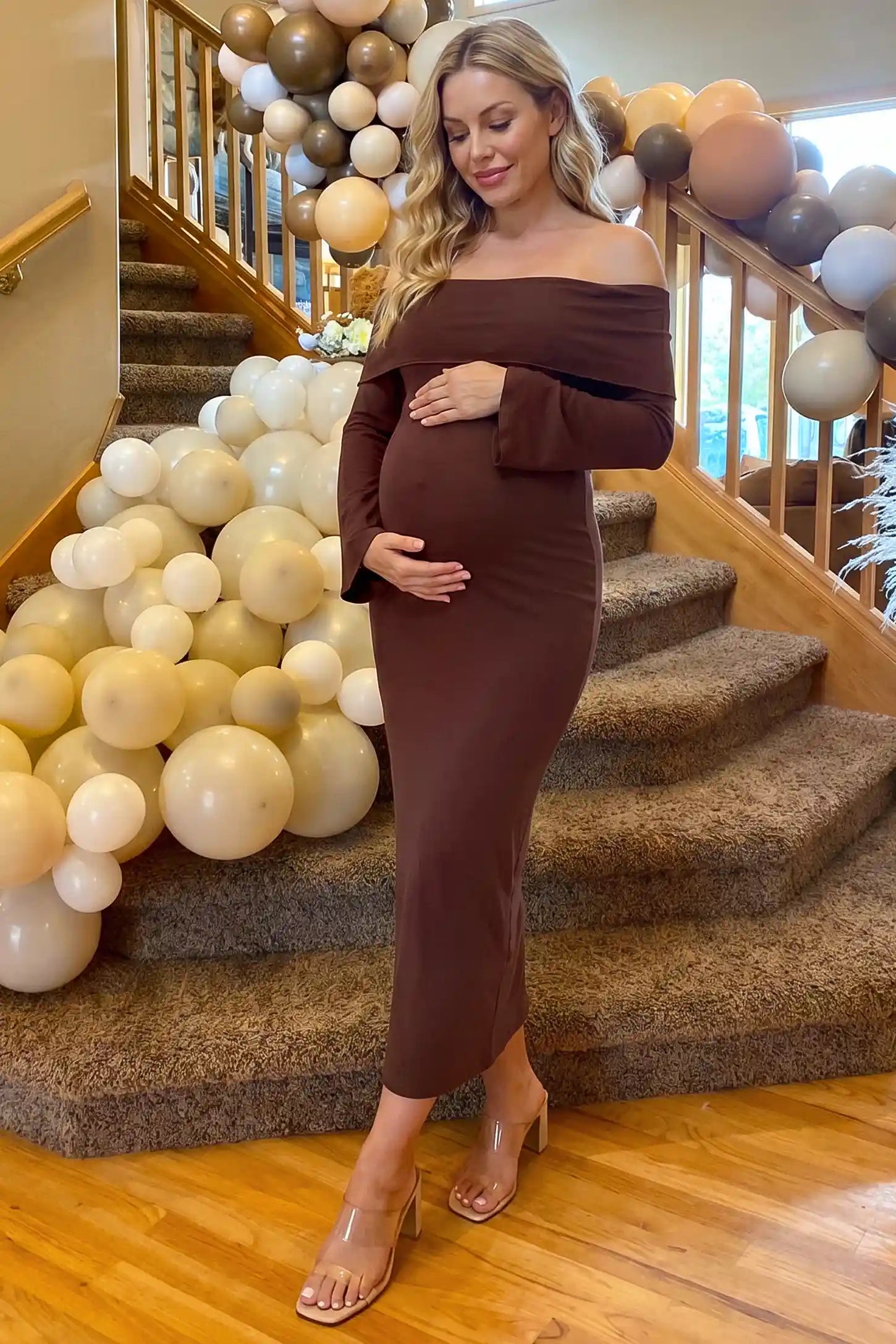 Ruched Off-shoulder Bodycon Maternity Midi Dress in Coffee with a sophisticated ruched design, lifestyle front view on a pregnant model.
