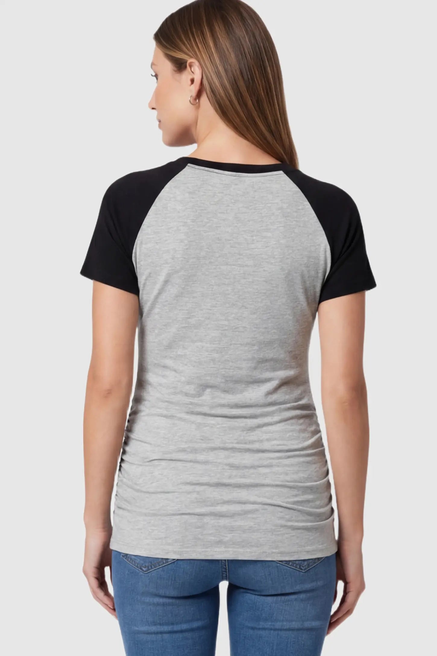 Ruched Raglan Short Sleeve Maternity T-Shirt Ruched Raglan Short Sleeve Maternity Top in Gray and Black featuring side ruching on a pregnant model showing back.