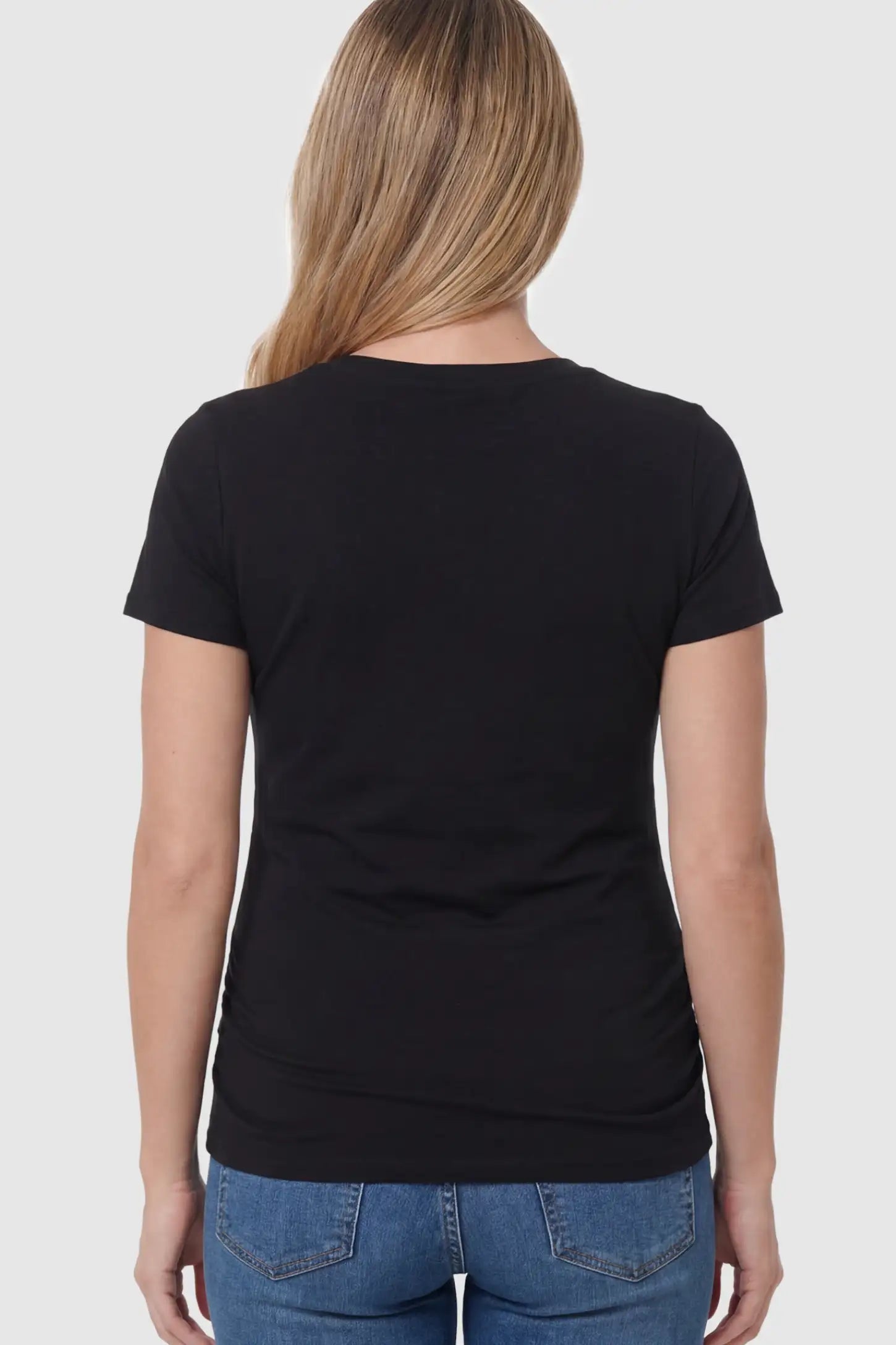 Ruched Side Short Sleeve Maternity T-Shirt Ruched Side Short Sleeve Maternity Basic Tee in Black featuring a classic crew neck on a pregnant model showing back.