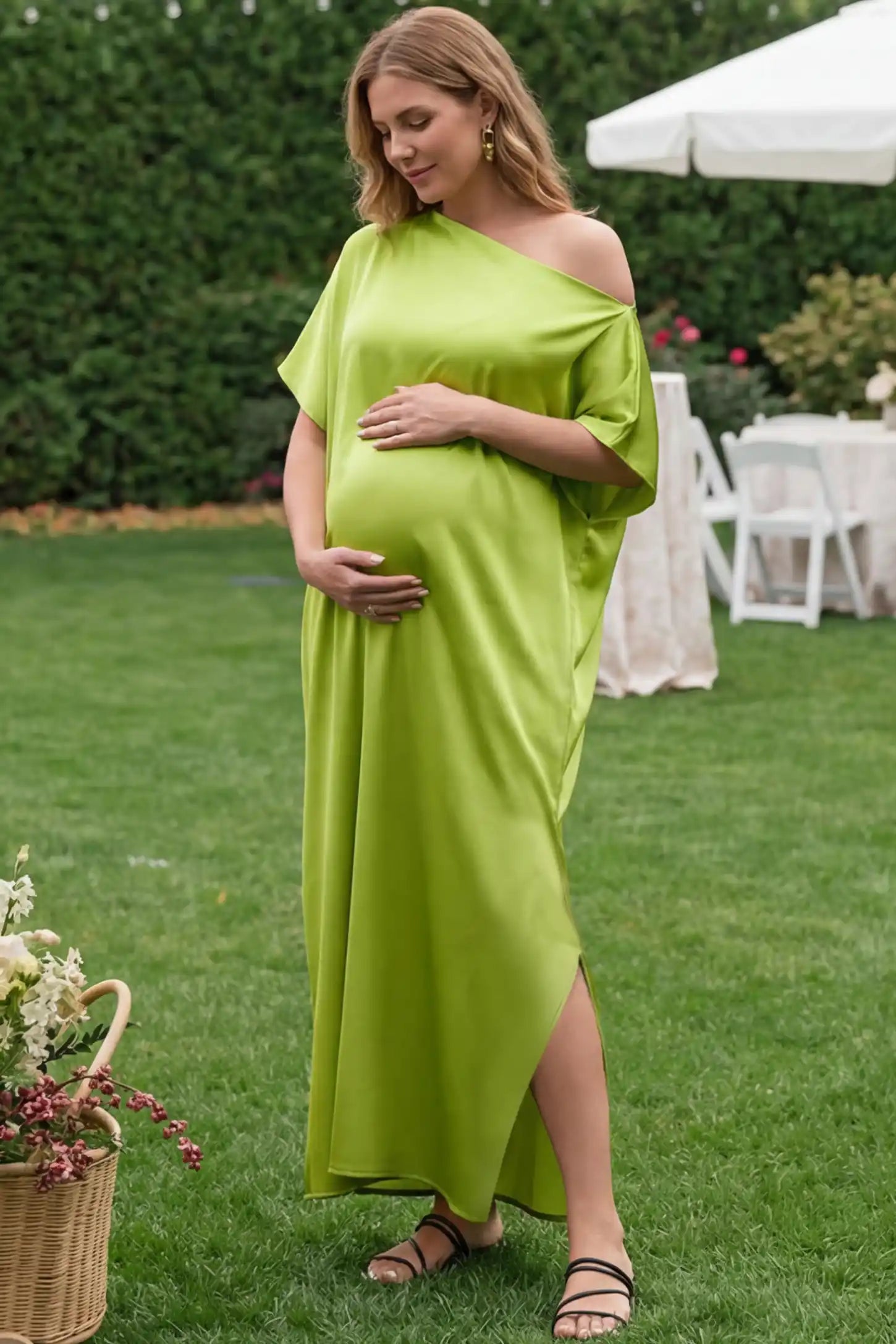 Satin One Shoulder Side Slit Maternity Maxi Dress Satin One Shoulder Side Slit Maternity Maxi Dress in Green featuring a draped batwing sleeve on a pregnant woman in outdoor setting, front view.