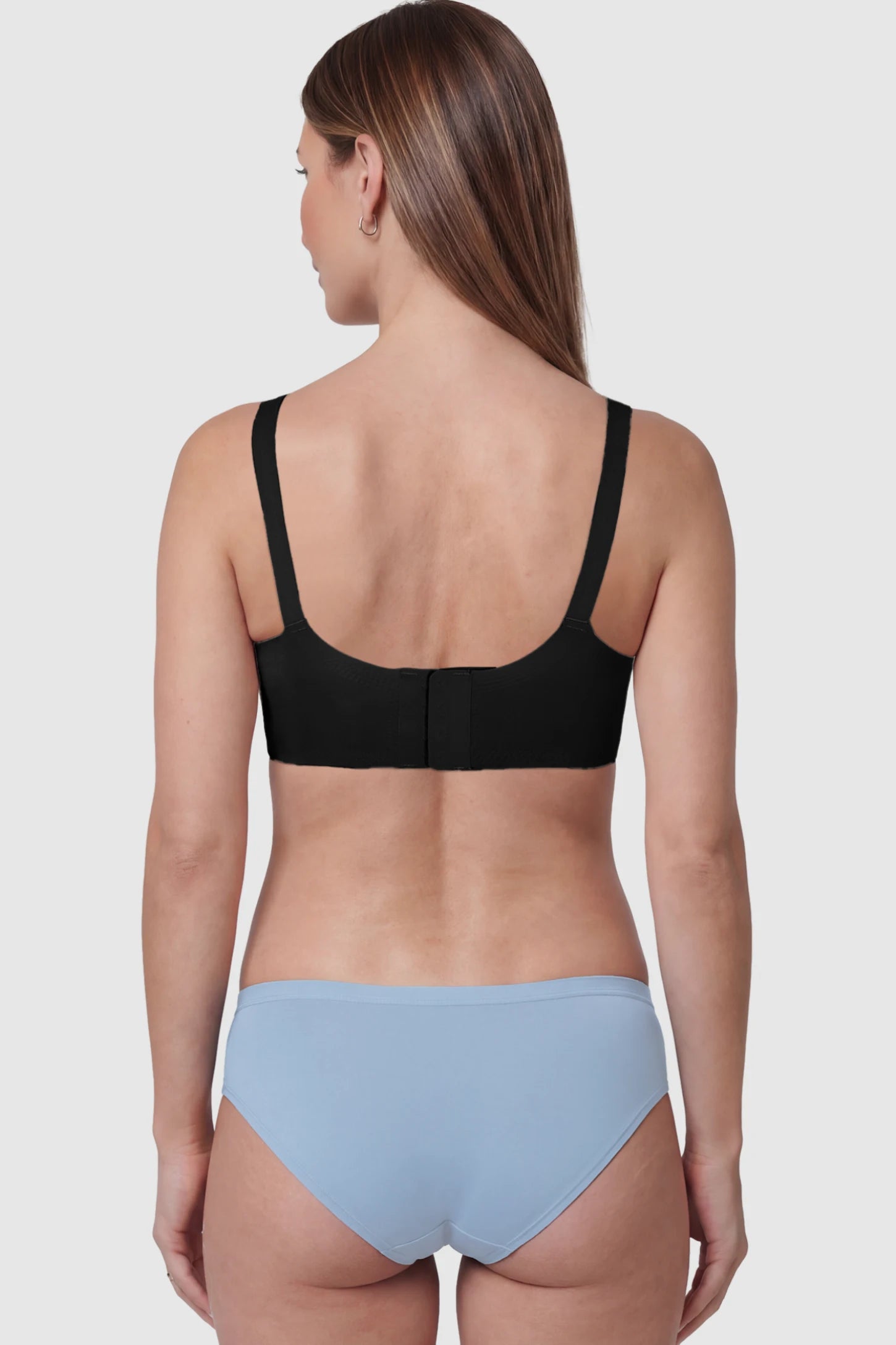 Scalloped Edge Wireless Maternity Nursing Bra in Black featuring a hook-and-eye back closure on a model showing back.