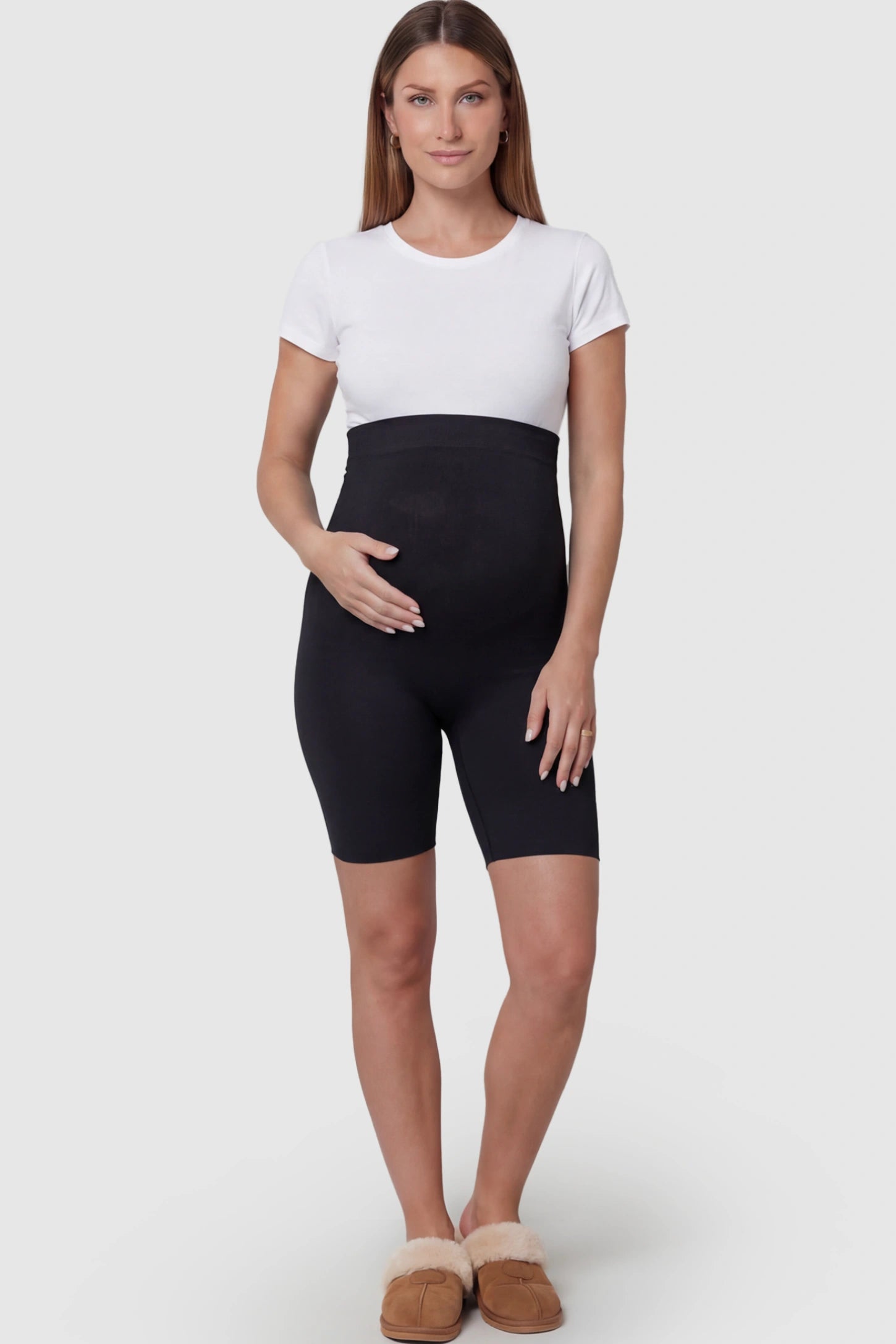 Seamless High Waist Support Maternity Shapewear Shorts Seamless High Waist Support Maternity Shapewear Shorts in Black Color featuring over-the-belly panel on a pregnant model showing front.