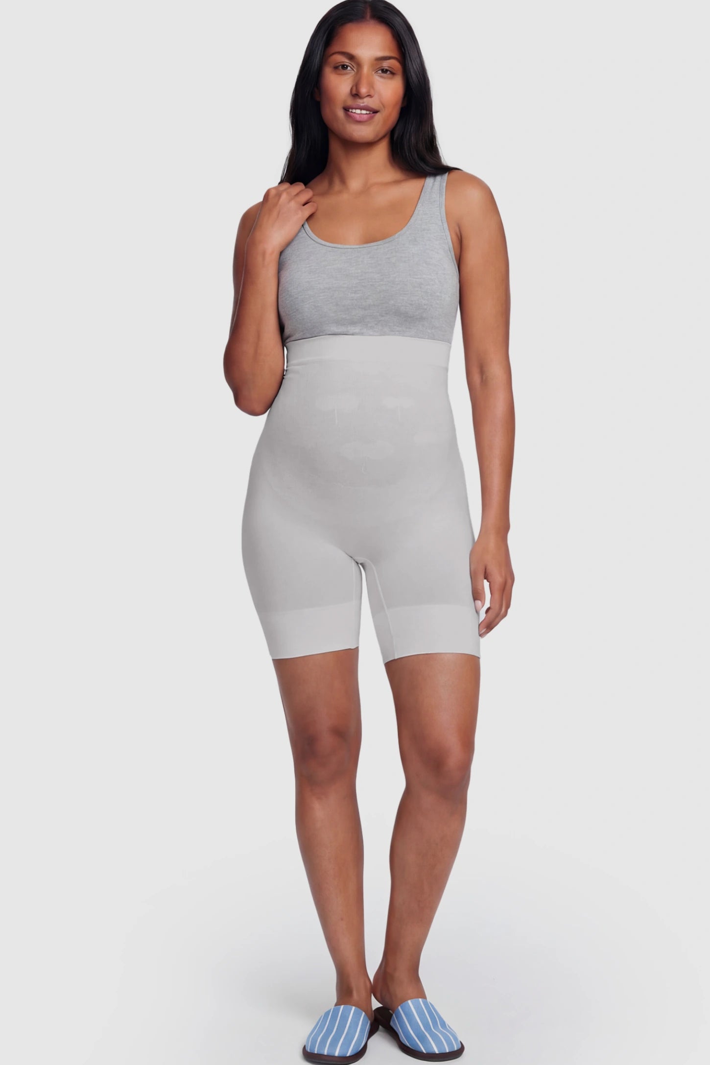 Seamless High Waist Support Maternity Shapewear Shorts Seamless High Waist Support Maternity Shapewear Shorts in Gray Color featuring over-the-belly panel on a postpartum model showing front.