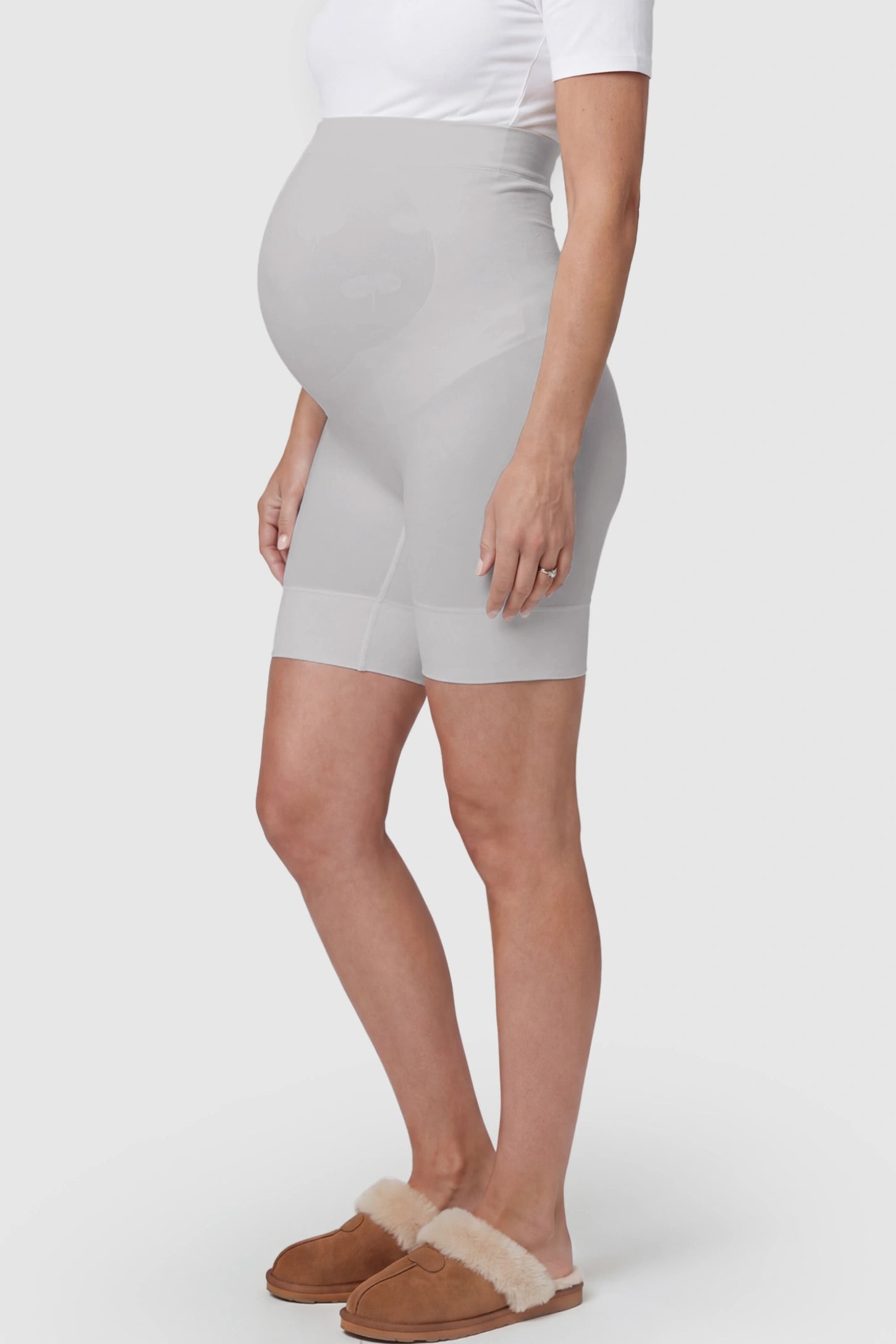 Seamless High Waist Support Maternity Shapewear Shorts Seamless High Waist Support Maternity Shapewear Shorts in Gray Color featuring over-the-belly panel on a pregnant model showing side.