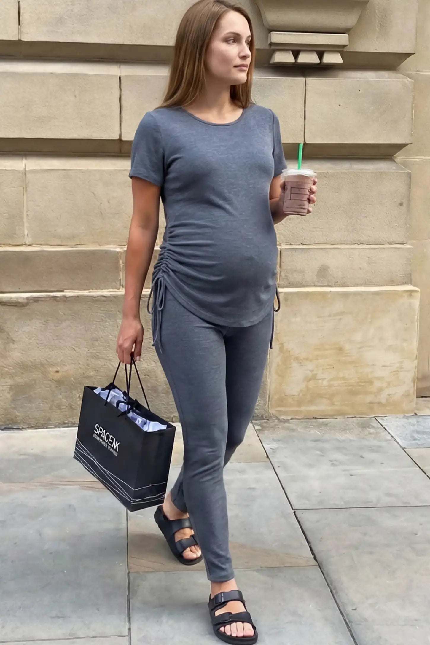 Side Drawstring Short Sleeve Top Leggings Maternity Lounge Set Side Drawstring Short Sleeve Top Leggings Maternity Lounge Set in Gray featuring side drawstring on a pregnant model showing full body.
