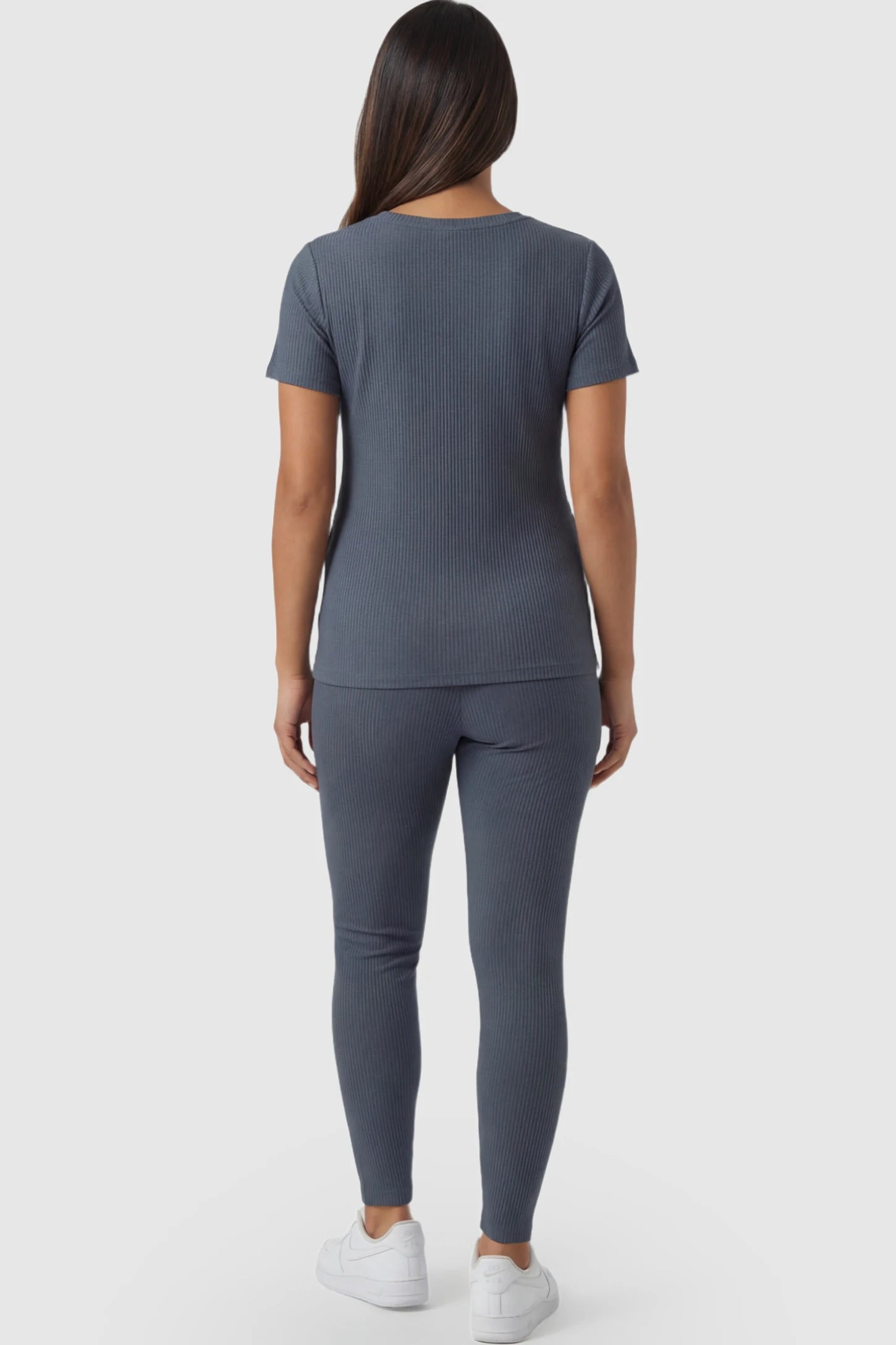 Side Drawstring Short Sleeve Top Leggings Maternity Lounge Set Side Drawstring Short Sleeve Top Leggings Maternity Lounge Set in Gray featuring short sleeved top and leggings on a pregnant model showing back.