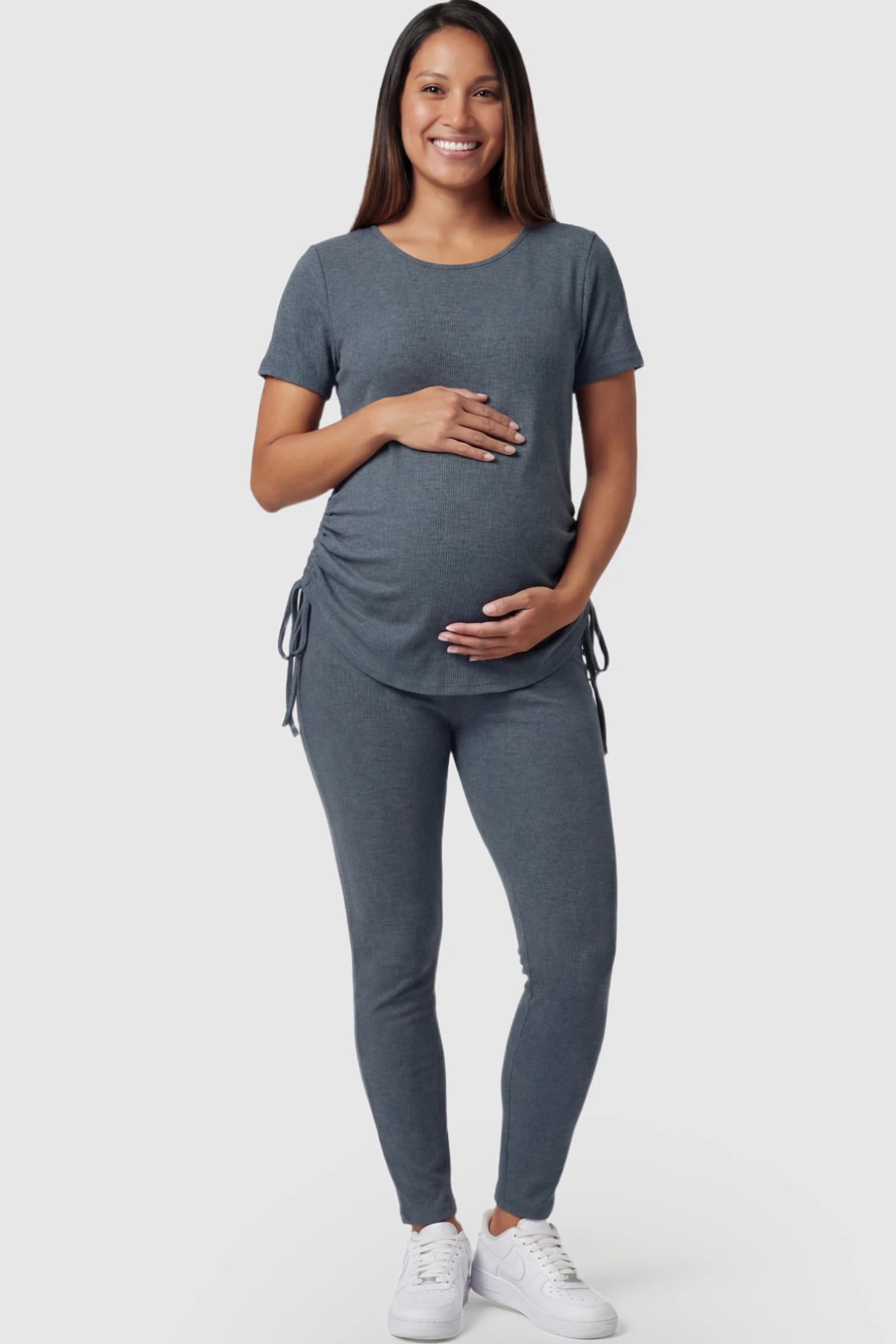 Side Drawstring Short Sleeve Top Leggings Maternity Lounge Set in Gray featuring side drawstring on a pregnant model showing front.