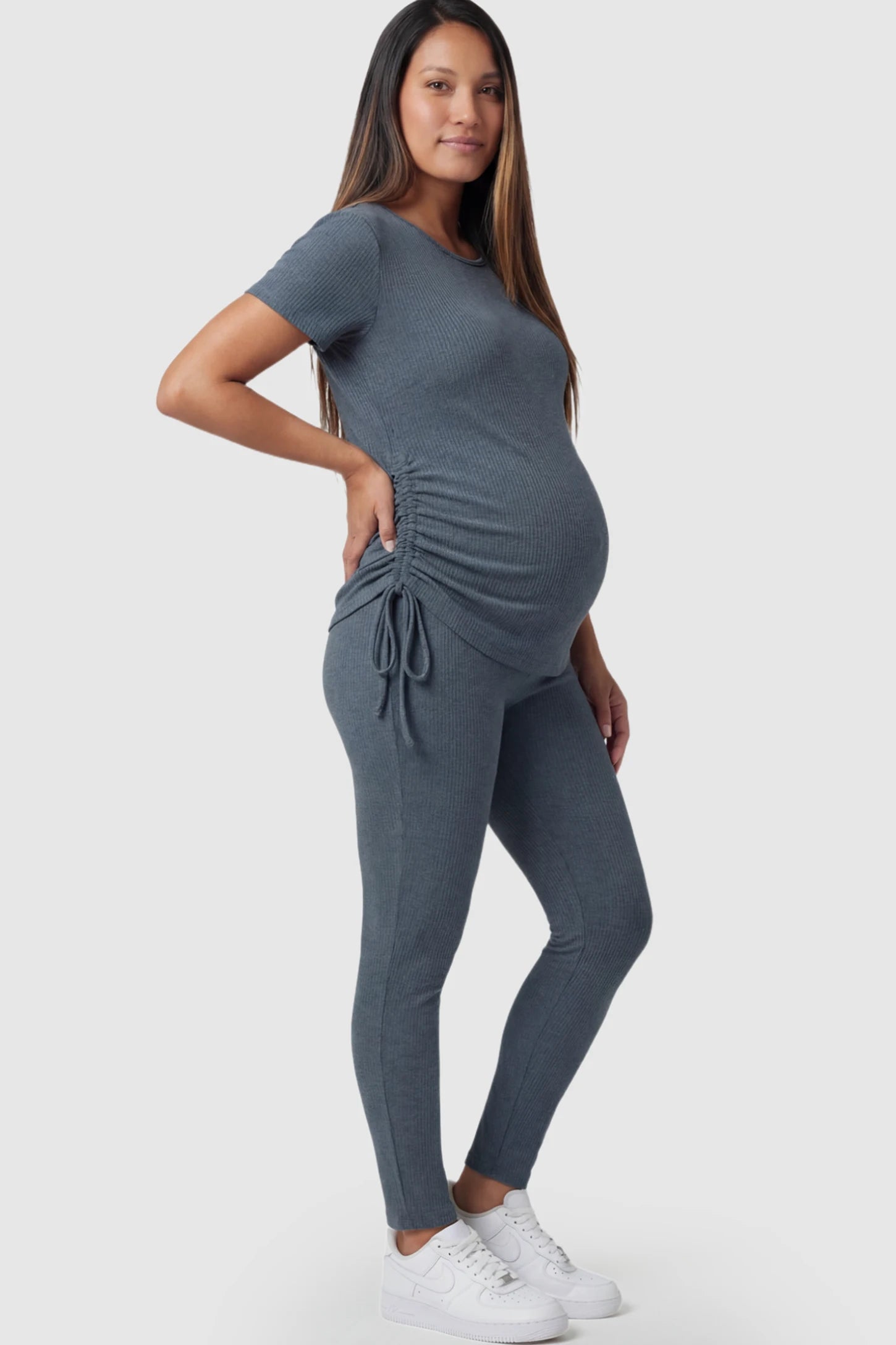 Side Drawstring Short Sleeve Top Leggings Maternity Lounge Set in Gray featuring side drawstring on a pregnant model showing side.