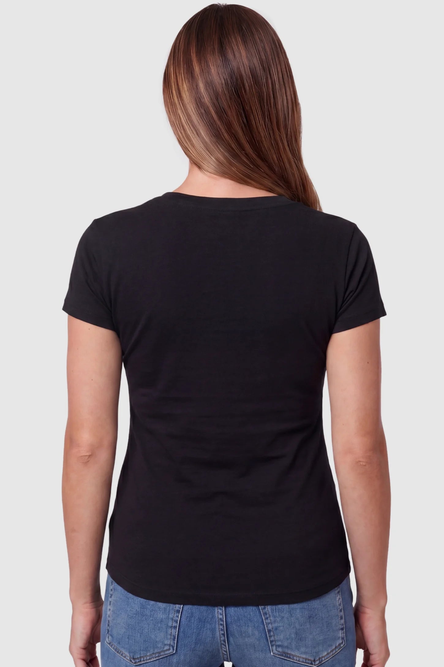 Side Ruched V-Neck Short Sleeve Maternity T-Shirt Side Ruched V-Neck Short Sleeve Maternity T-Shirt in Black featuring breathable fabric on a pregnant model, back view.