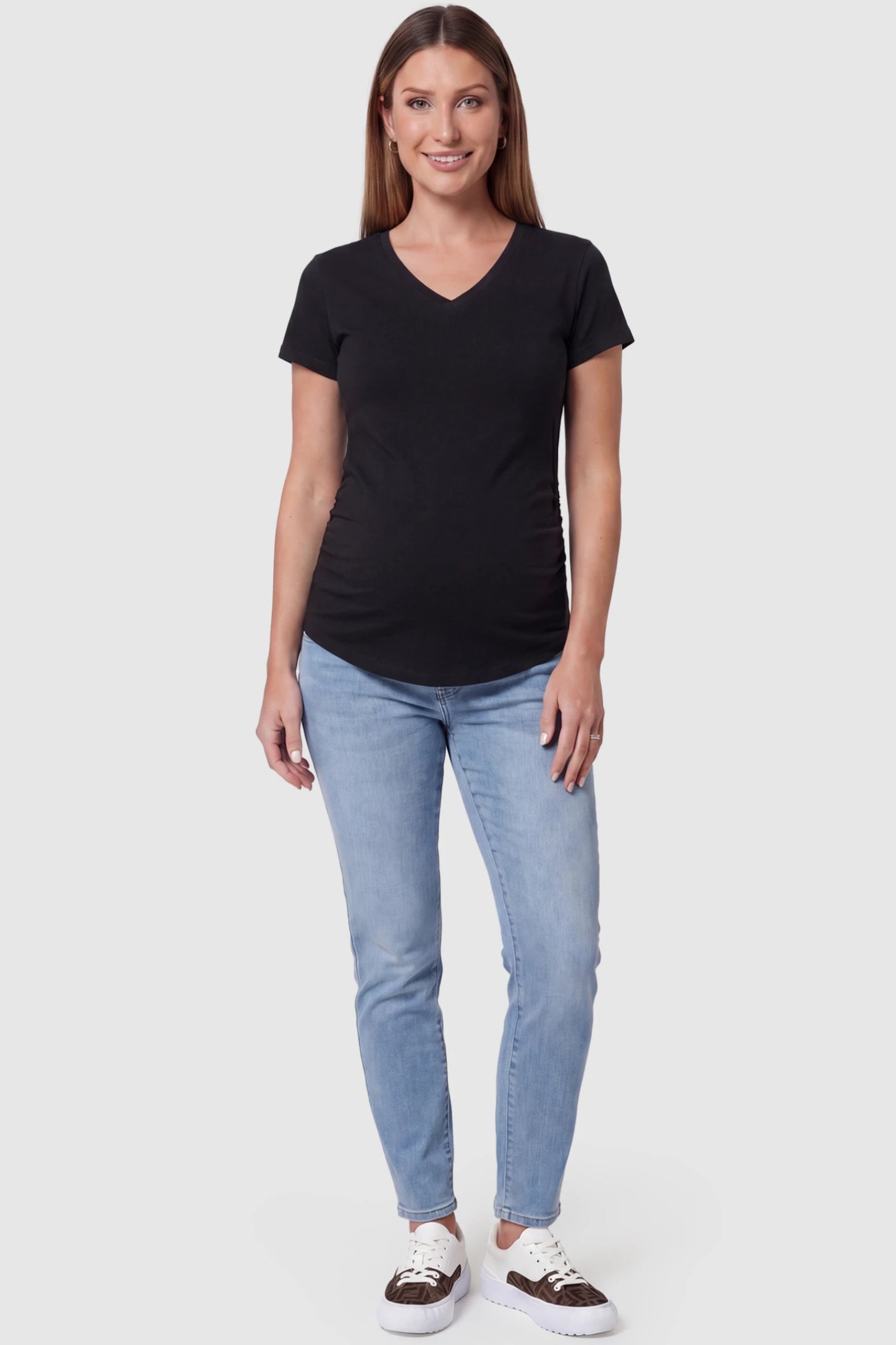 Side Ruched V-Neck Short Sleeve Maternity T-Shirt Side Ruched V-Neck Short Sleeve Maternity T-Shirt in Black featuring breathable fabric and ruching on sides on a pregnant model, full body view.