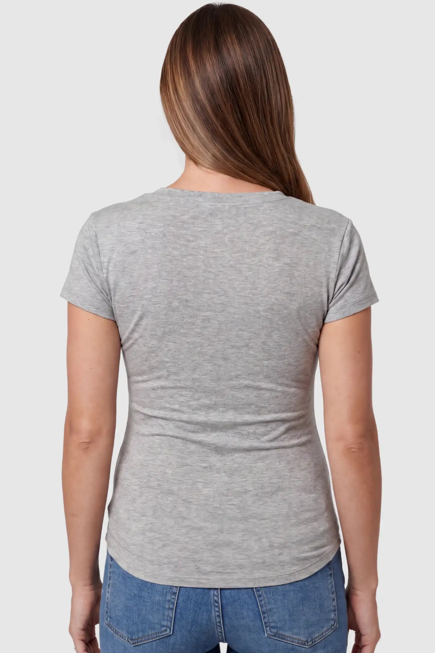 Side Ruched V-Neck Short Sleeve Maternity T-Shirt Side Ruched V-Neck Short Sleeve Maternity T-Shirt in Gray featuring breathable fabric on a pregnant model, back view.