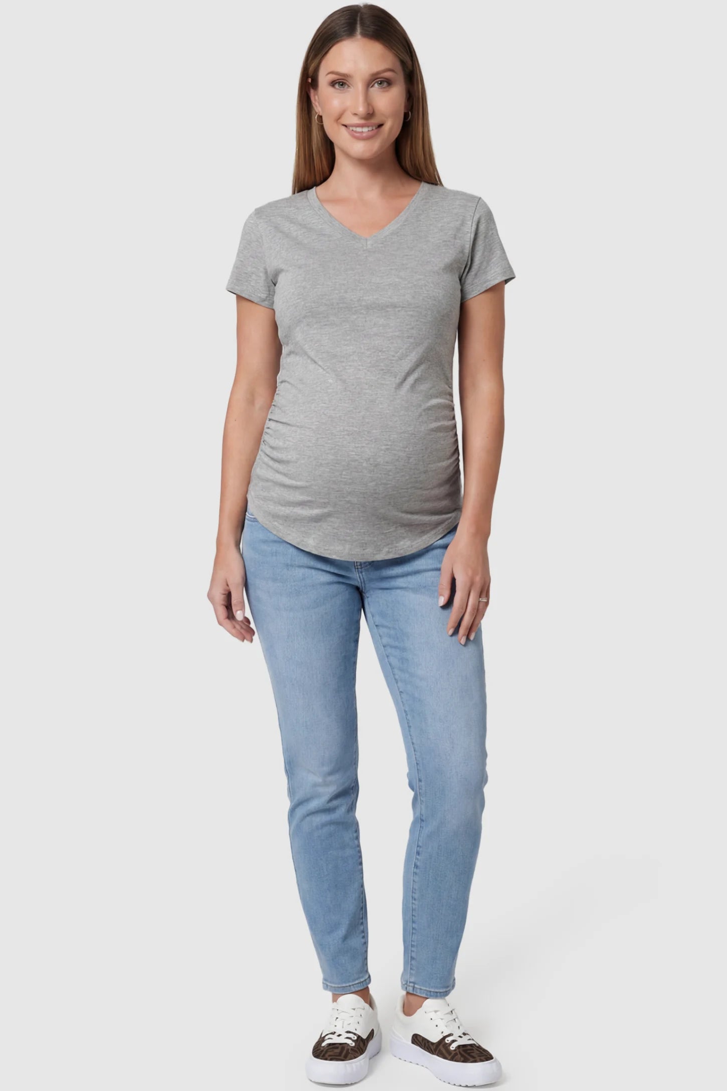 Side Ruched V-Neck Short Sleeve Maternity T-Shirt Side Ruched V-Neck Short Sleeve Maternity T-Shirt in Gray featuring breathable fabric and ruching on sides on a pregnant model, full body view.