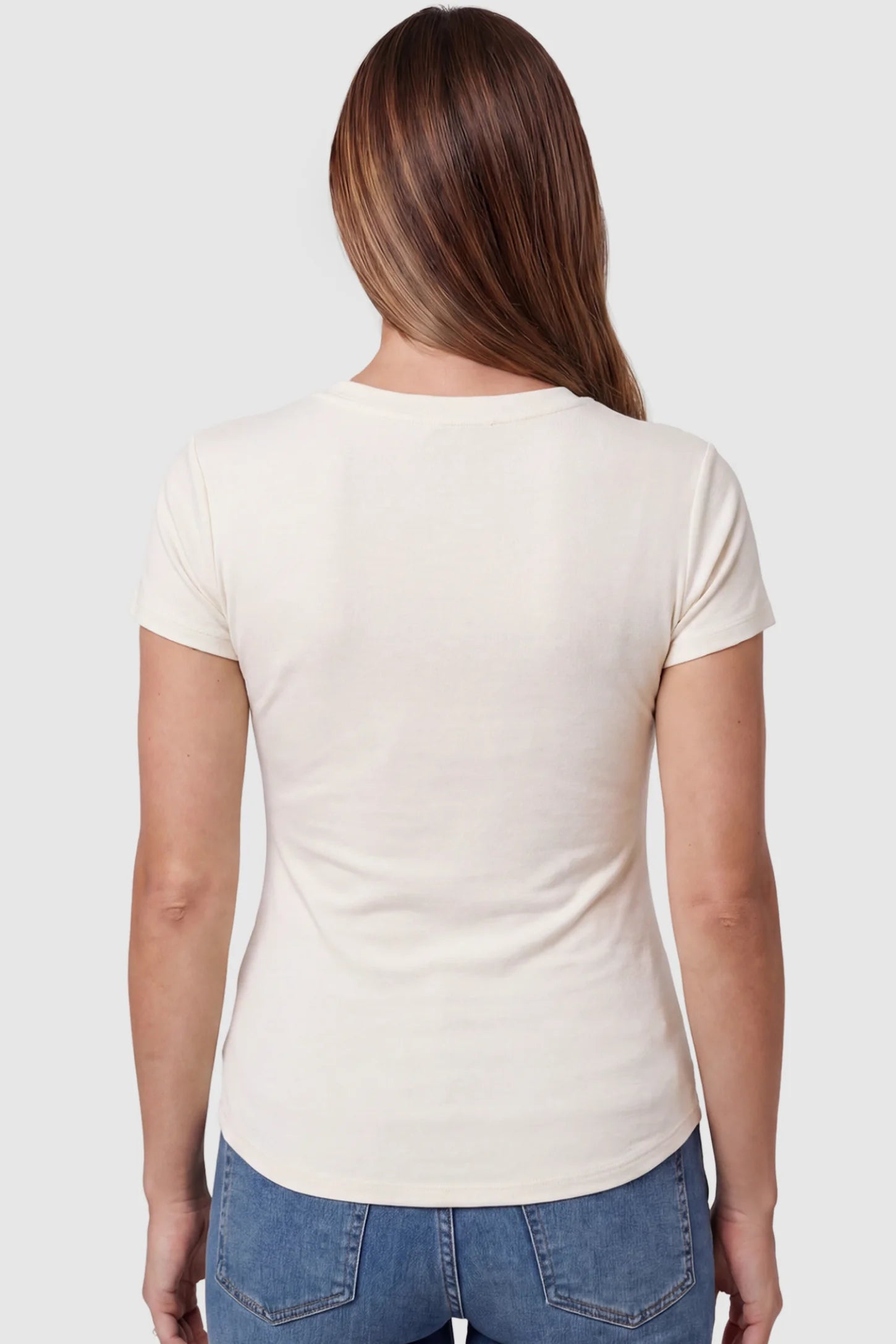 Side Ruched V-Neck Short Sleeve Maternity T-Shirt Side Ruched V-Neck Short Sleeve Maternity T-Shirt in White featuring breathable fabric on a pregnant model, back view.