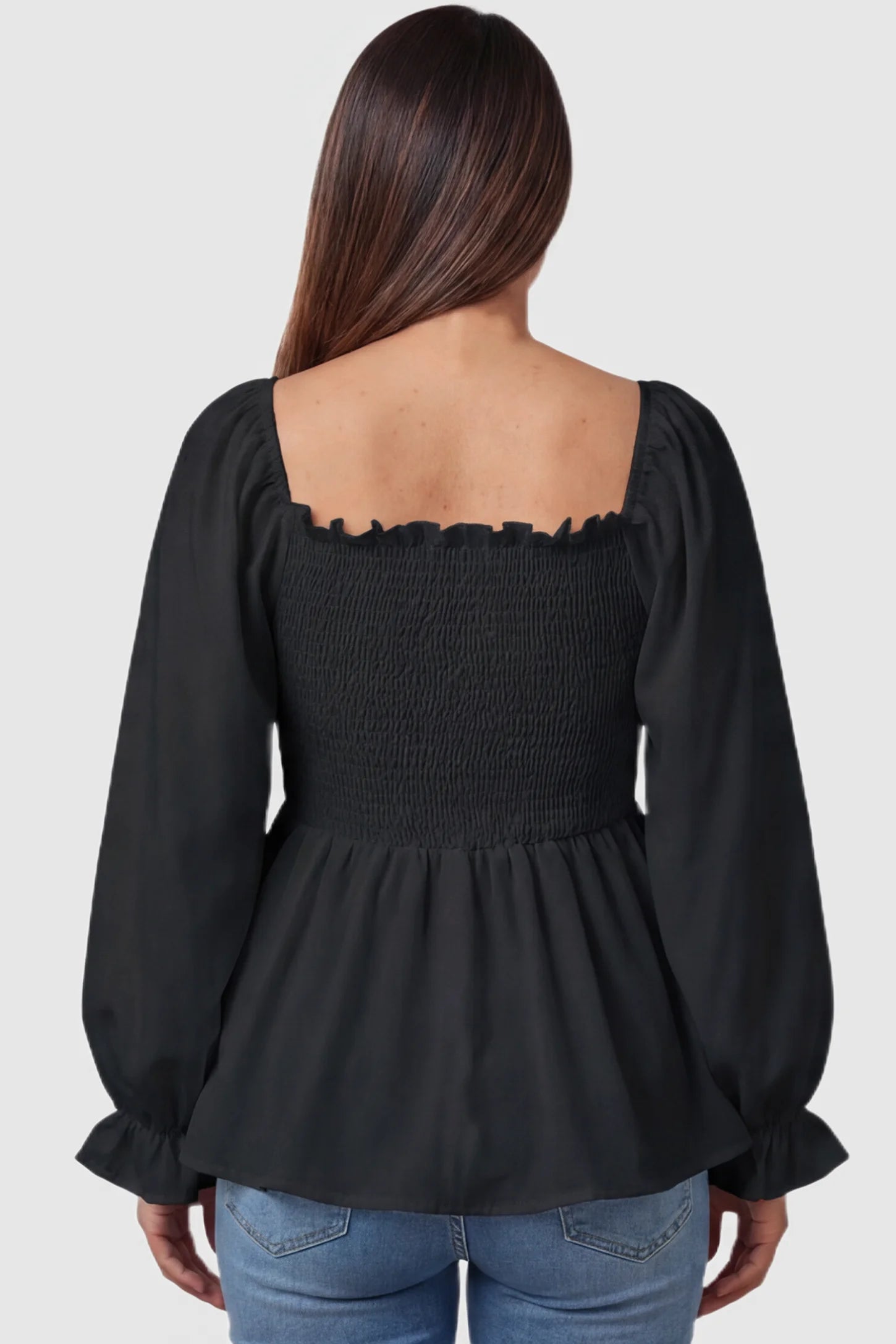 Smocked Convertible Neckline Bishop Sleeve Maternity Top Smocked Convertible Neckline Bishop Sleeve Maternity Top in Black featuring a ruffled square back on a pregnant model back view.