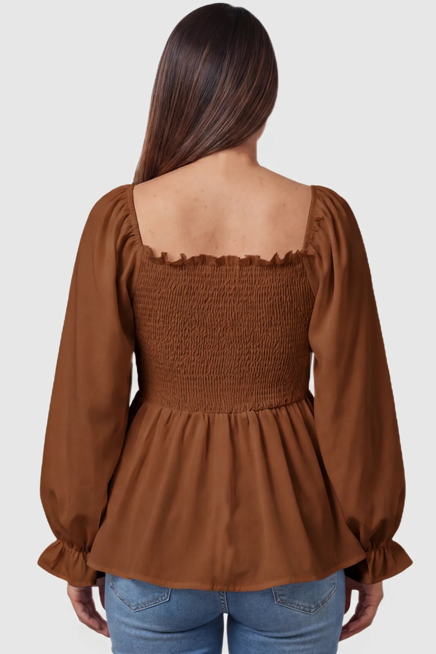 Smocked Convertible Neckline Bishop Sleeve Maternity Top Smocked Convertible Neckline Bishop Sleeve Maternity Top in Coffee featuring a ruffled square back on a pregnant model back view.