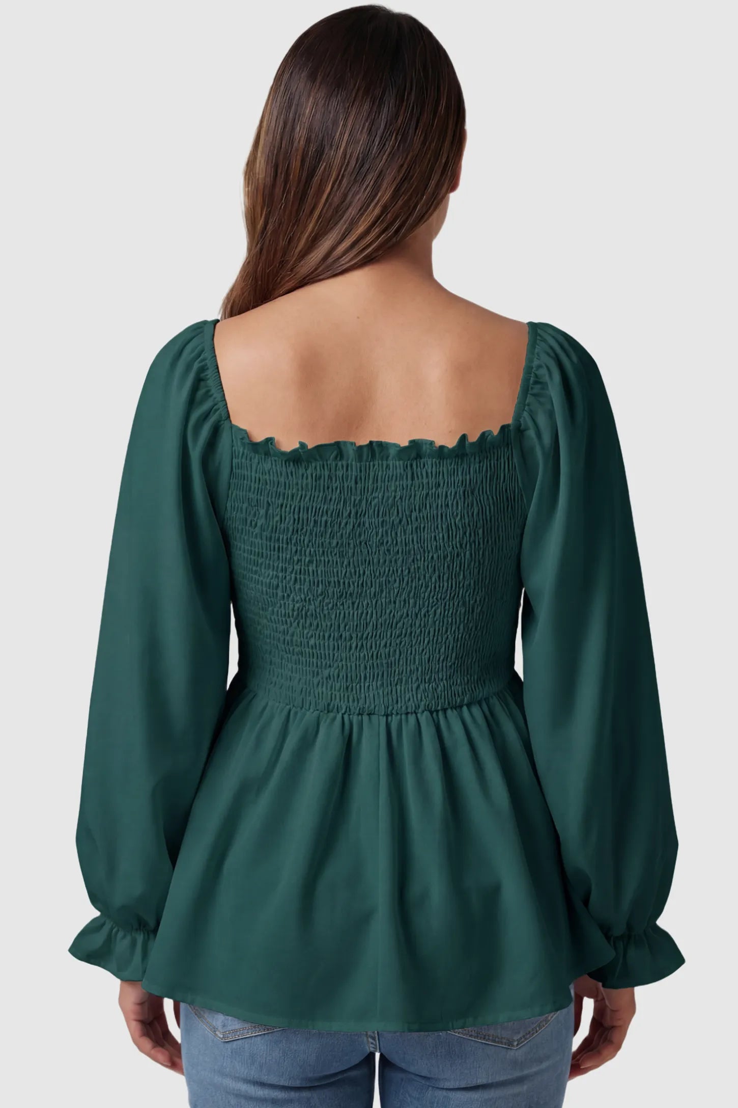 Smocked Convertible Neckline Bishop Sleeve Maternity Top Smocked Convertible Neckline Bishop Sleeve Maternity Top in Green featuring a ruffled square back on a pregnant model back view.