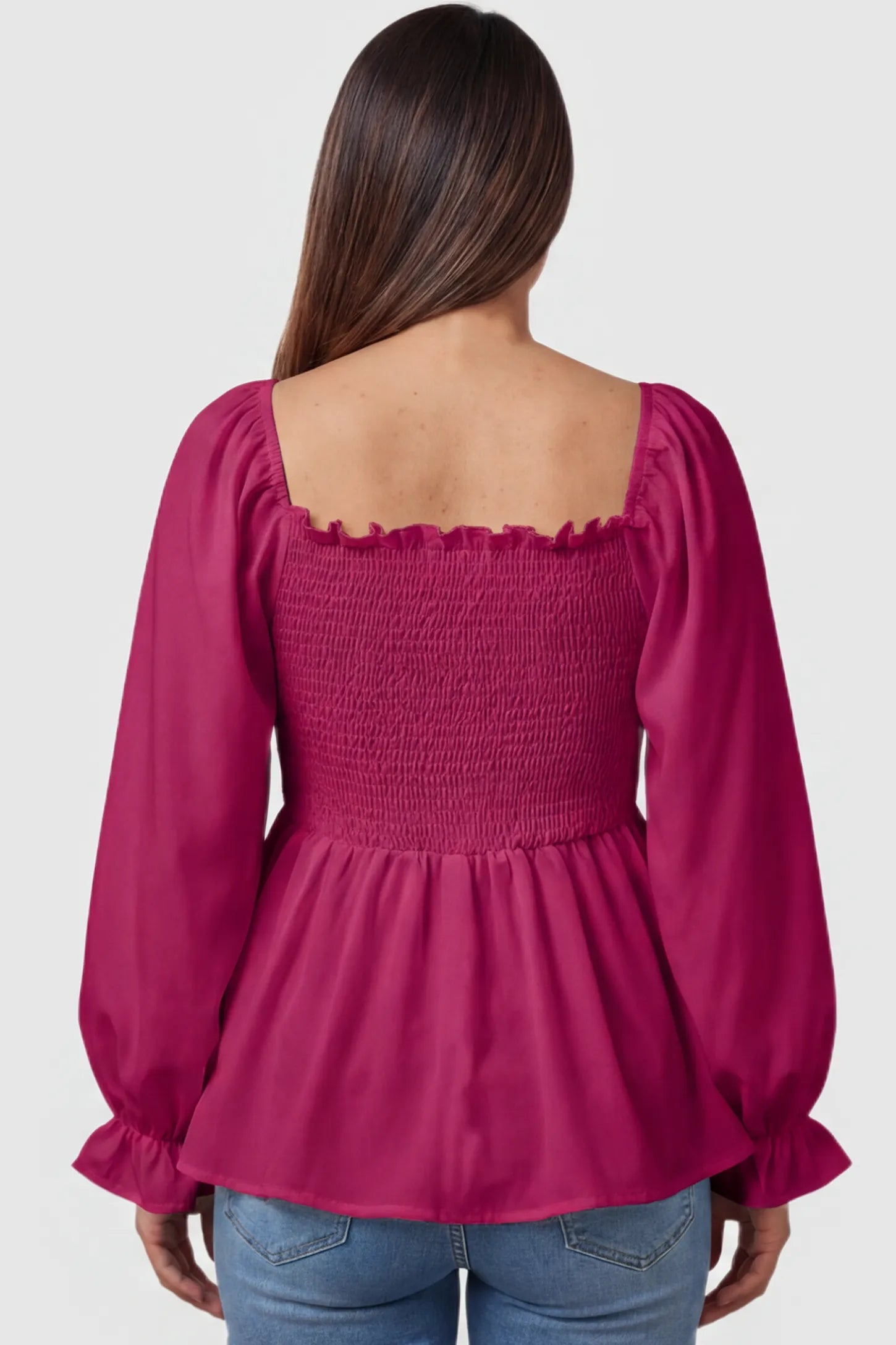 Smocked Convertible Neckline Bishop Sleeve Maternity Top Smocked Convertible Neckline Bishop Sleeve Maternity Top in Wine Red featuring a ruffled square back on a pregnant model back view.