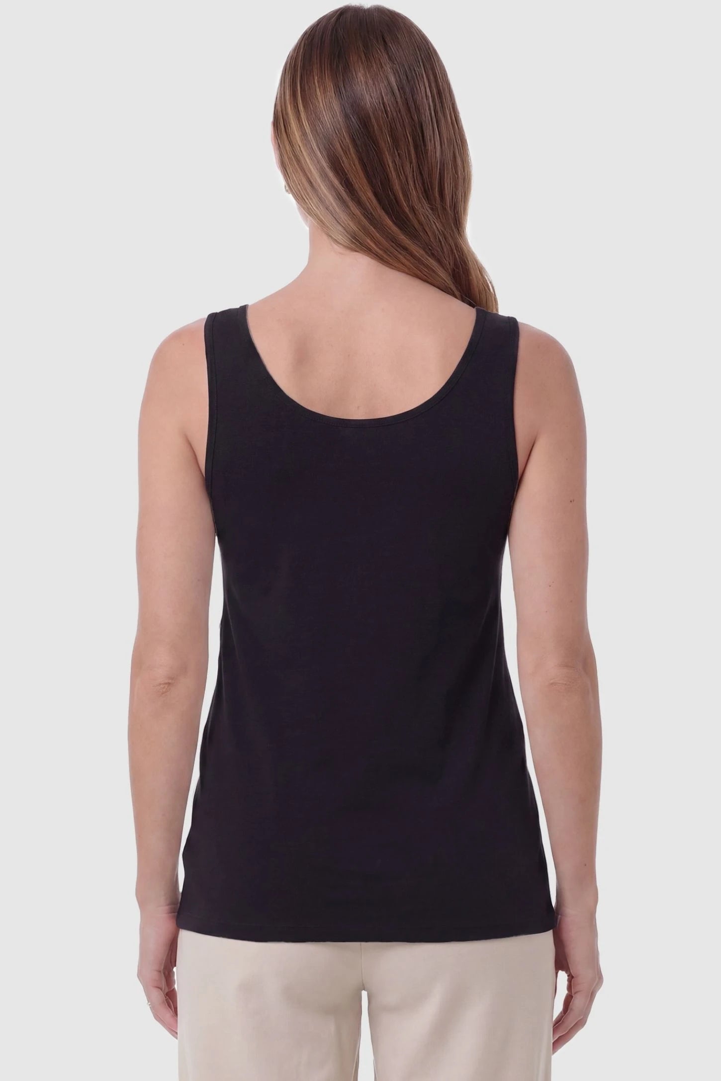 Soft Knit Sleeveless Maternity Tank Top Soft Knit Sleeveless Maternity Tank Top in Black featuring a wide tank strap design on a pregnant model, back view.