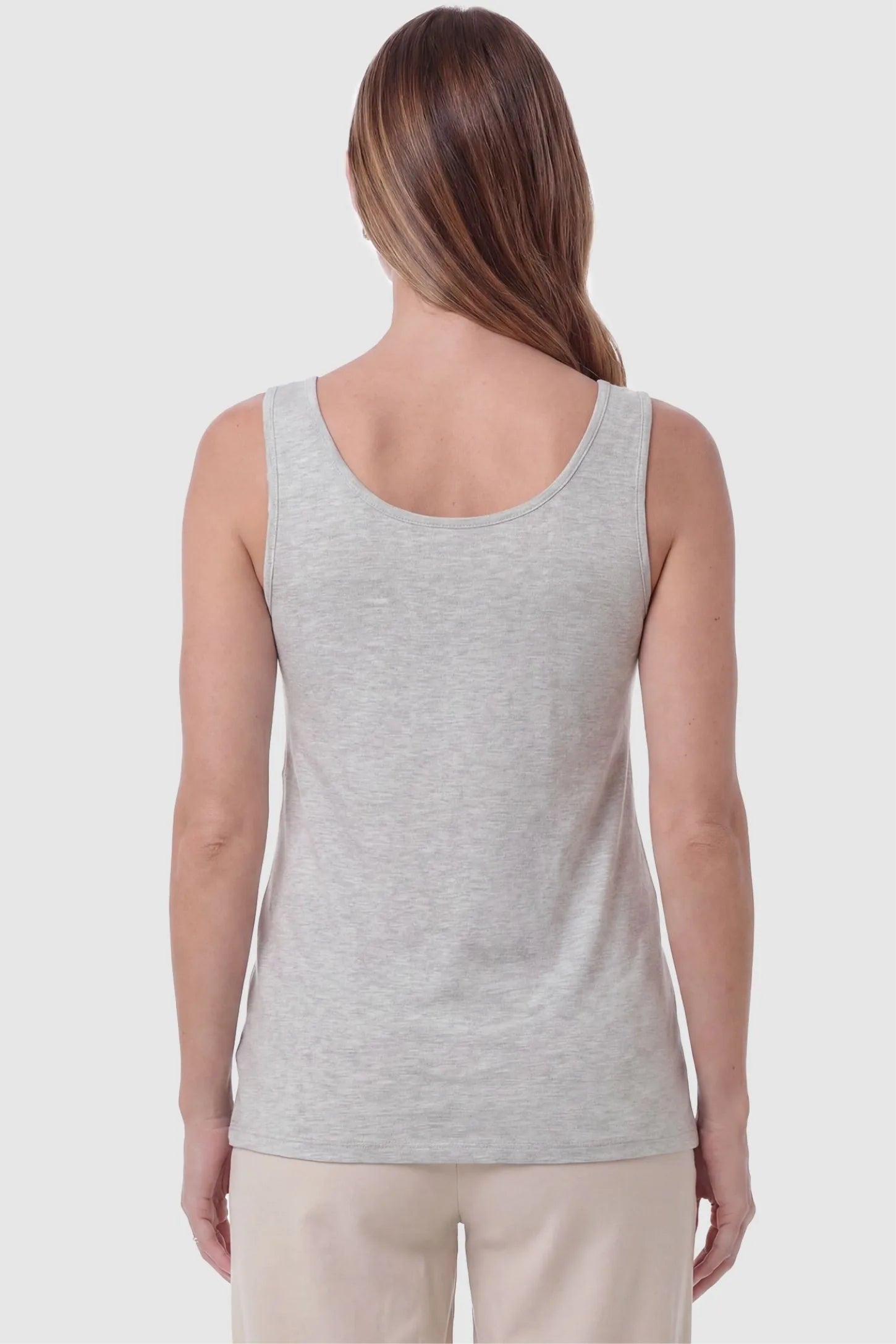 Soft Knit Sleeveless Maternity Tank Top Soft Knit Sleeveless Maternity Tank Top in Gray featuring a wide tank strap design on a pregnant model, back view.