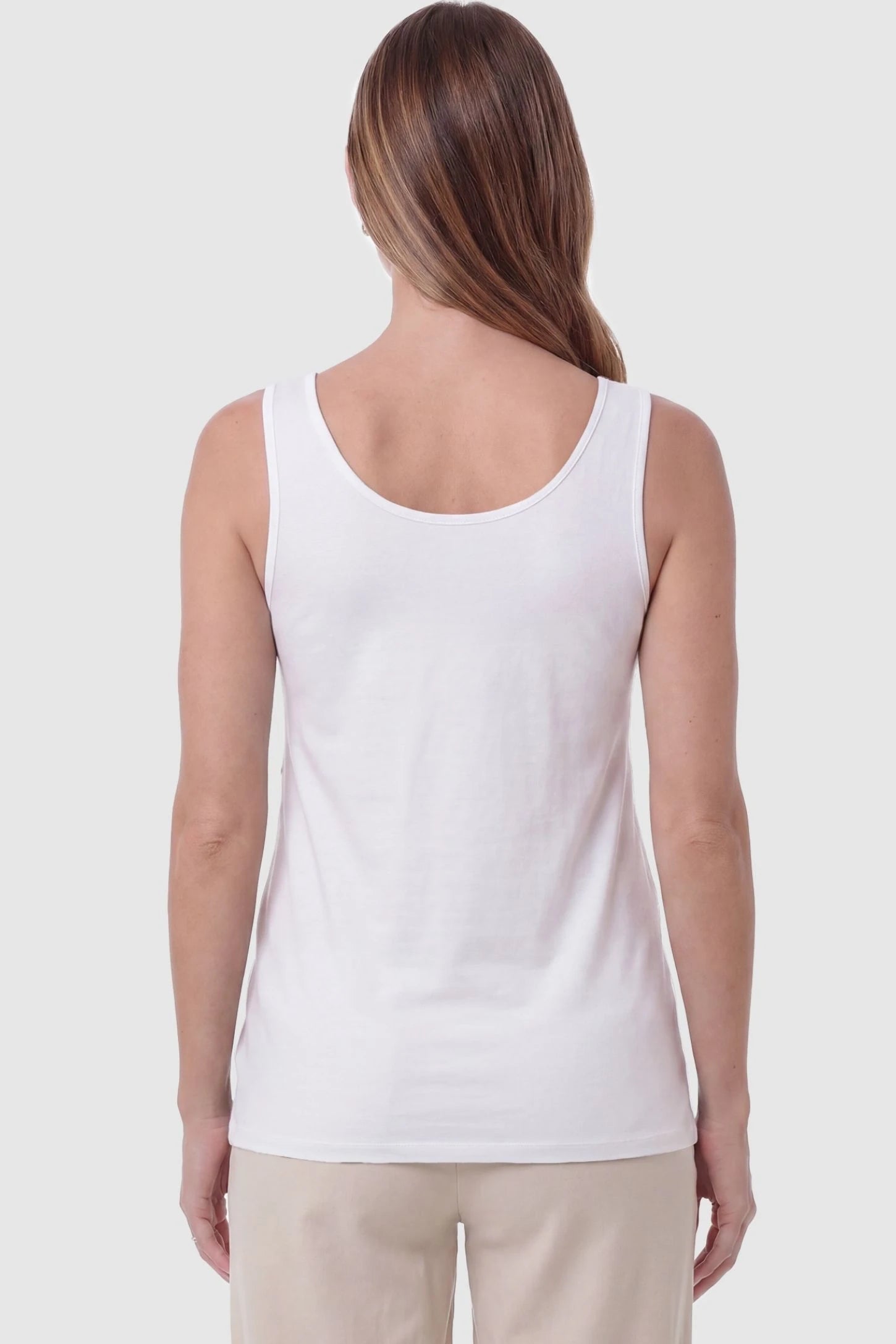 Soft Knit Sleeveless Maternity Tank Top Soft Knit Sleeveless Maternity Tank Top in White featuring a straight hemline on a pregnant model, side view.