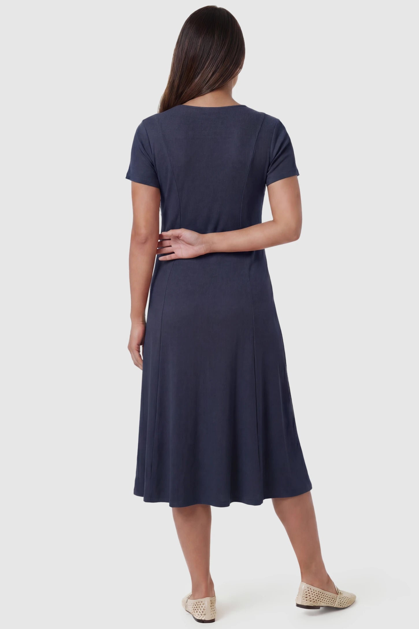 Soft Knit Stretch Short Sleeve Maternity Midi Dress Soft Knit Stretch Short Sleeve Maternity Midi Dress in Dark Gray featuring high stretch knit on a pregnant model, back view.