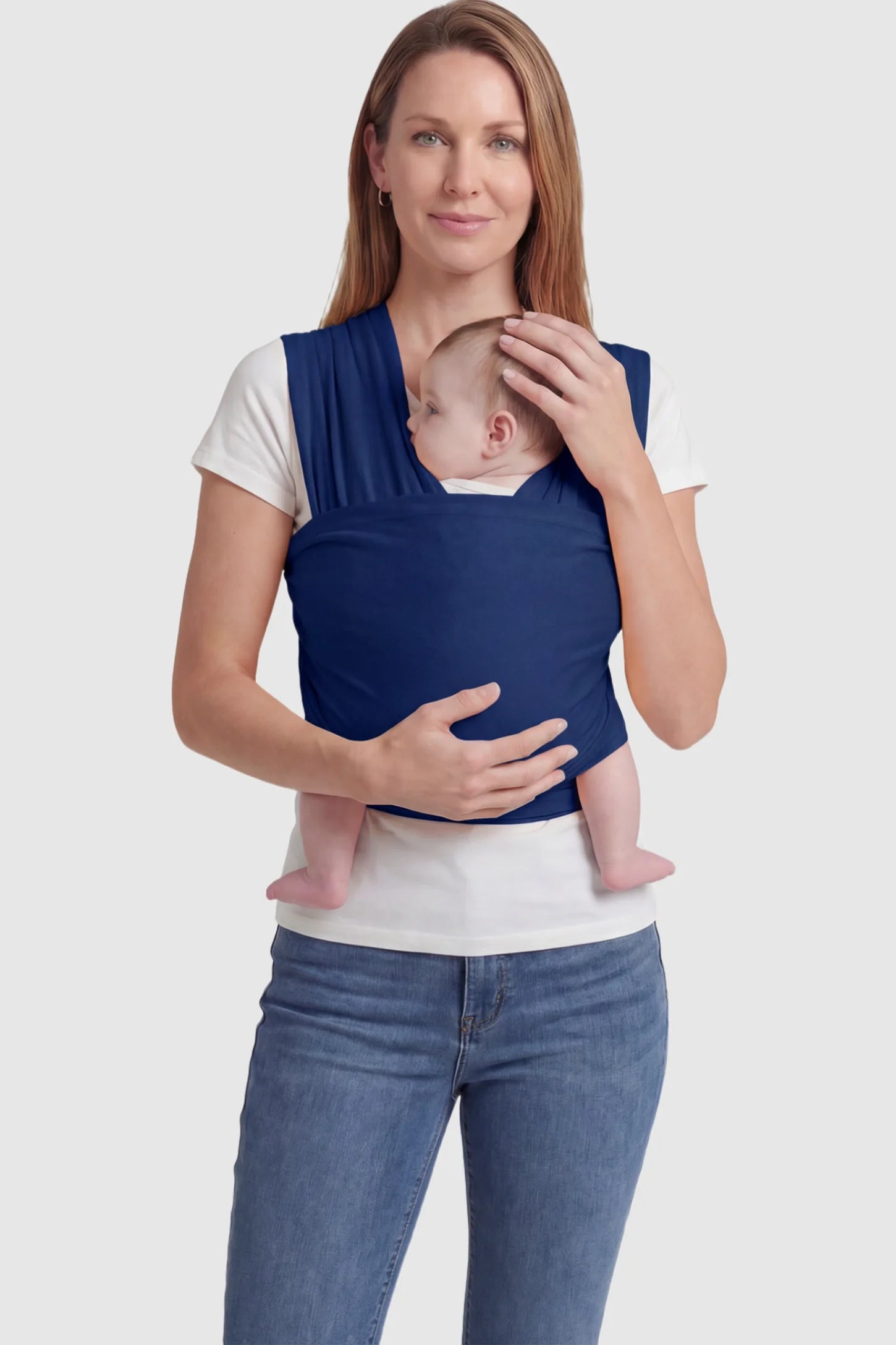 Soft Stretch Adjustable Baby Wrap Carrier Soft Stretch Adjustable Baby Wrap Carrier in Dark Blue featuring a polyester blend holding a baby.