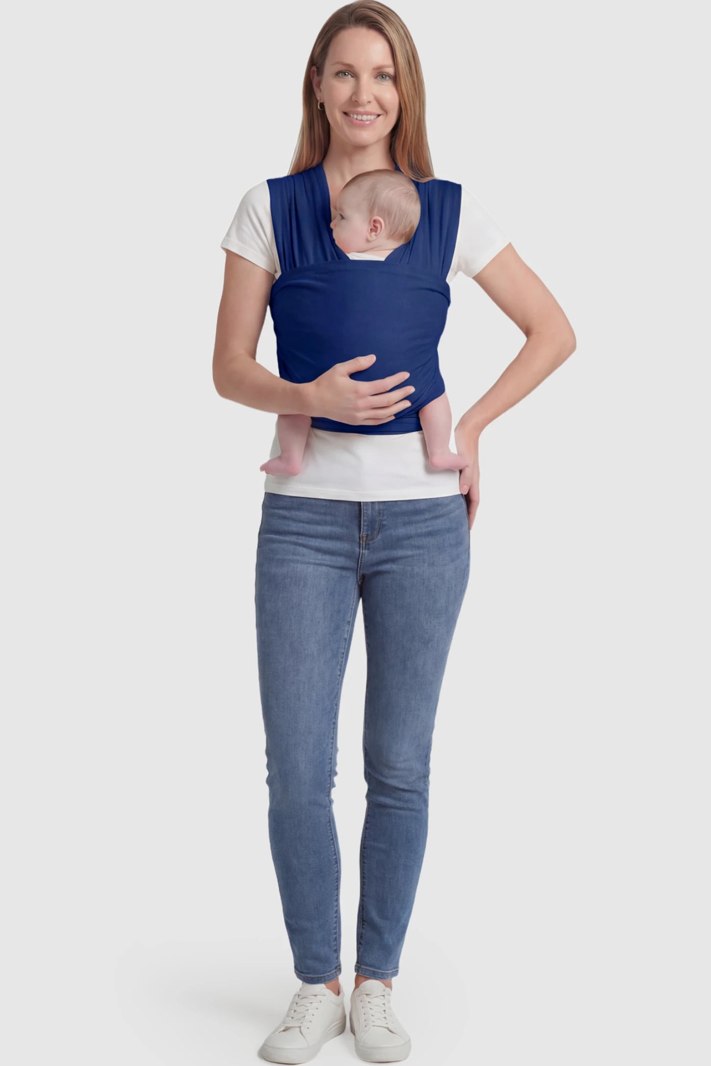 Soft Stretch Adjustable Baby Wrap Carrier Soft Stretch Adjustable Baby Wrap Carrier in Dark Blue featuring a polyester blend holding a baby.