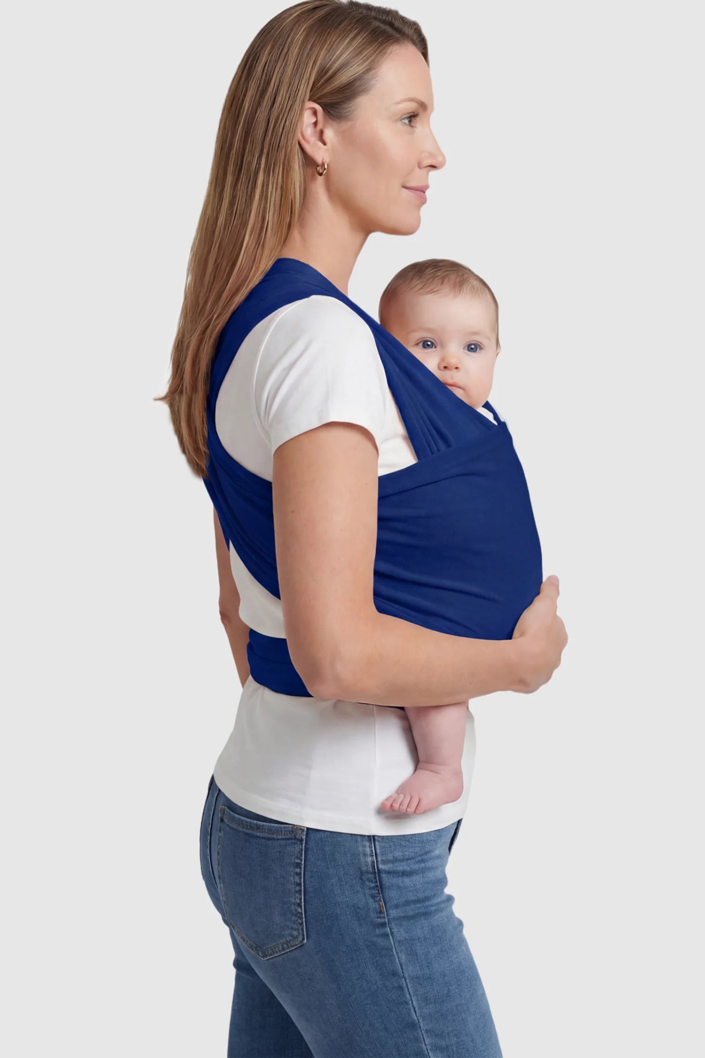 Soft Stretch Adjustable Baby Wrap Carrier Soft Stretch Adjustable Baby Wrap Carrier in Dark Blue featuring a polyester blend holding a baby.