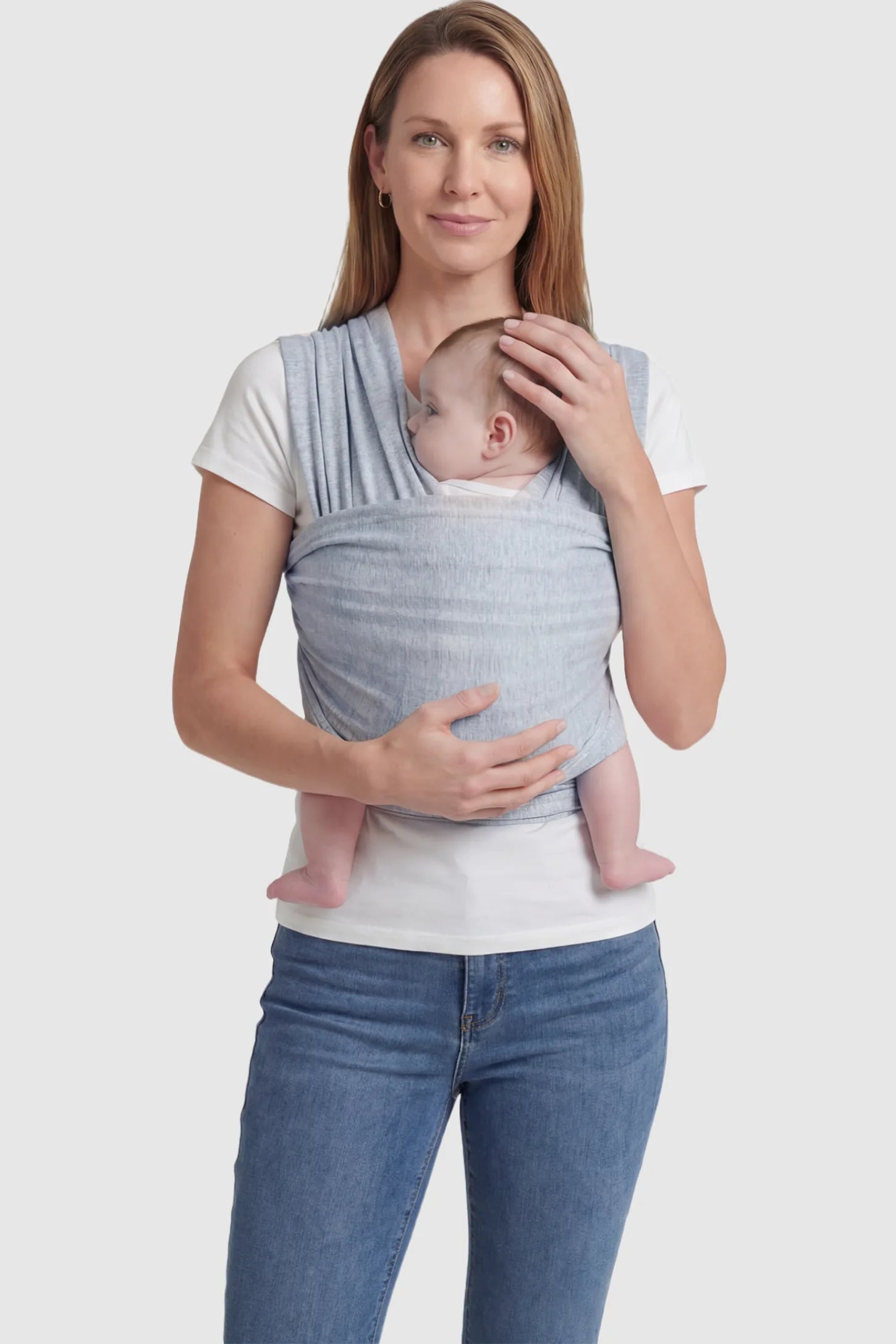 Soft Stretch Adjustable Baby Wrap Carrier Soft Stretch Adjustable Baby Wrap Carrier in Gray featuring a polyester blend holding a baby.