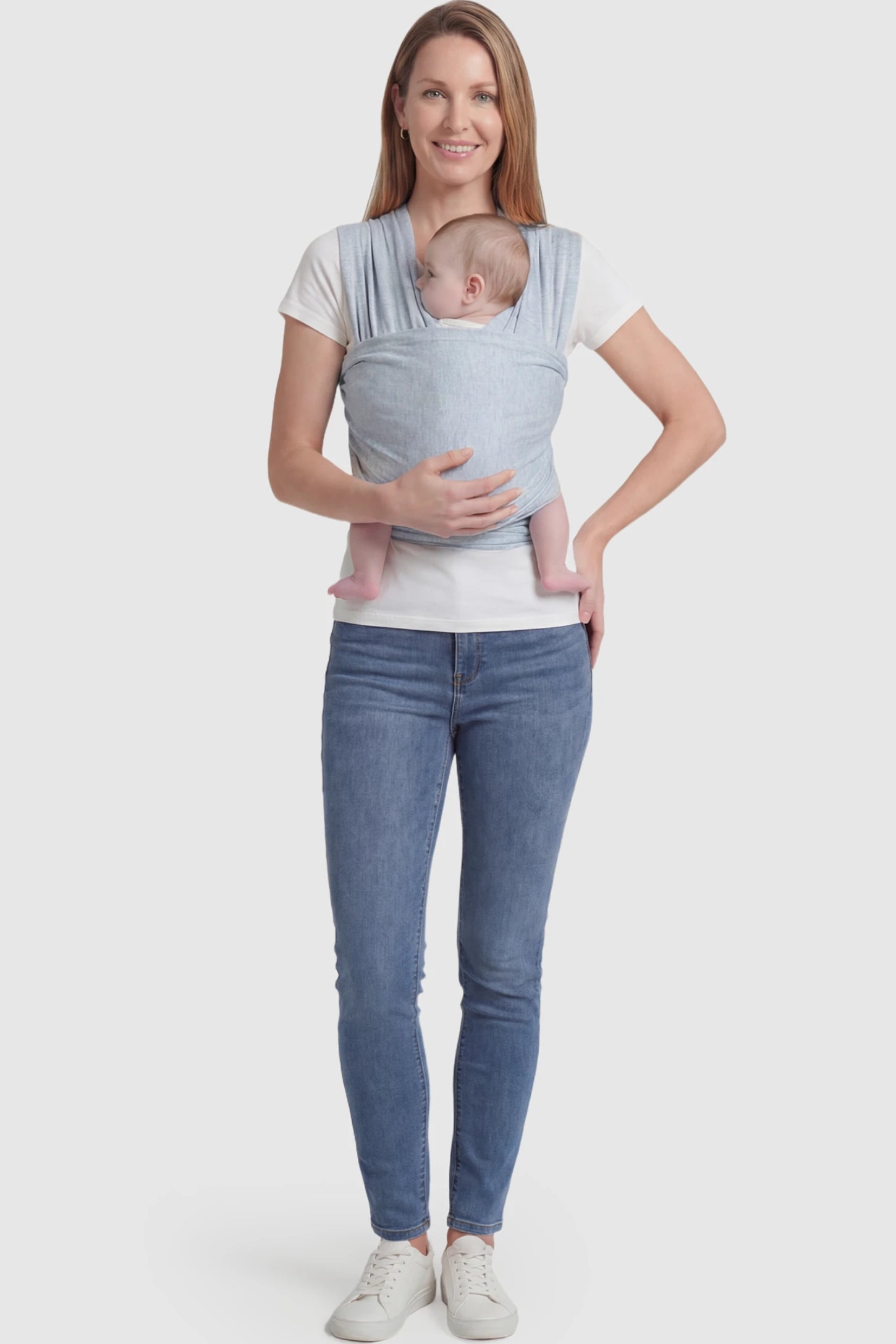 Soft Stretch Adjustable Baby Wrap Carrier Soft Stretch Adjustable Baby Wrap Carrier in Gray featuring a polyester blend holding a baby.