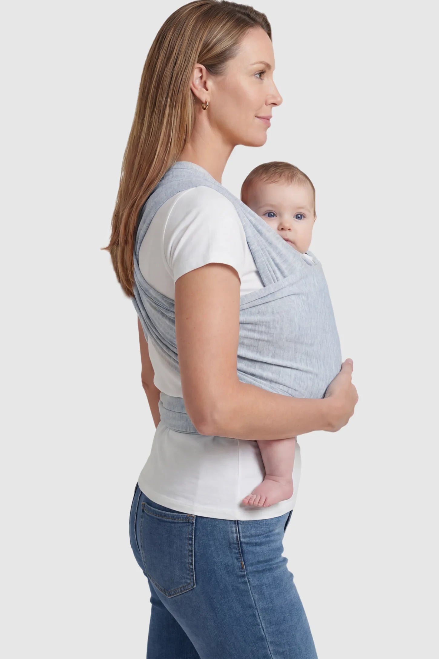 Soft Stretch Adjustable Baby Wrap Carrier Soft Stretch Adjustable Baby Wrap Carrier in Gray featuring a polyester blend holding a baby.